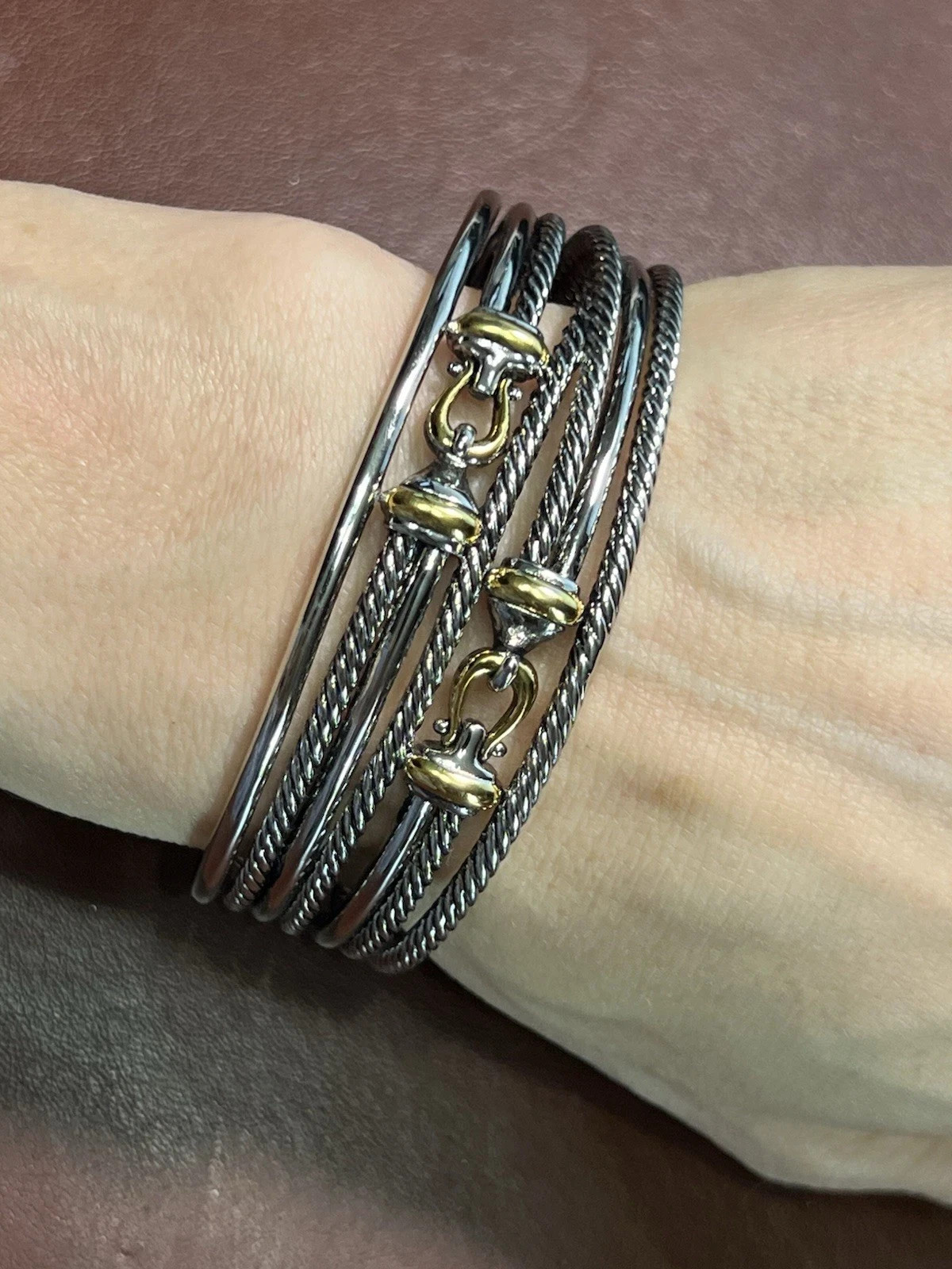 David Yurman Signed Cable Cuff Bracelet Two-Tone Sterling Silver 925