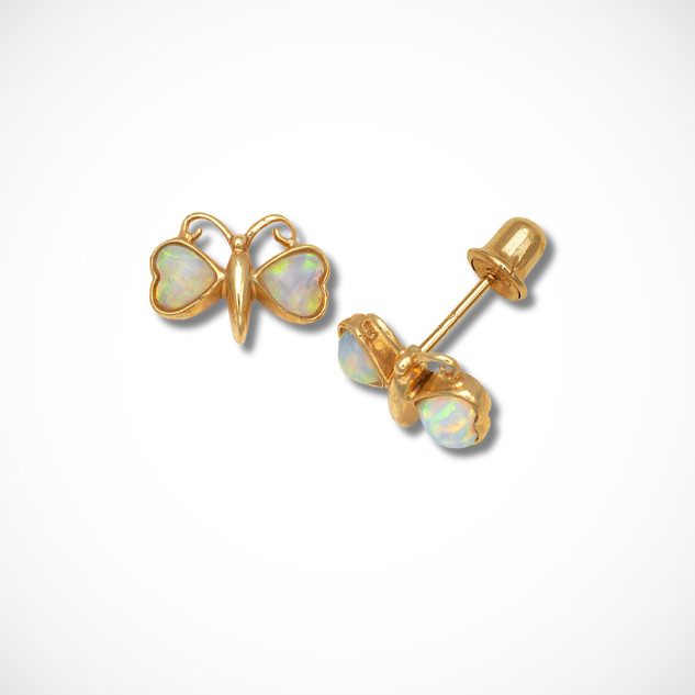 14K Yellow & White Gold Children Opal Butterfly Stud Earrings Screw Back