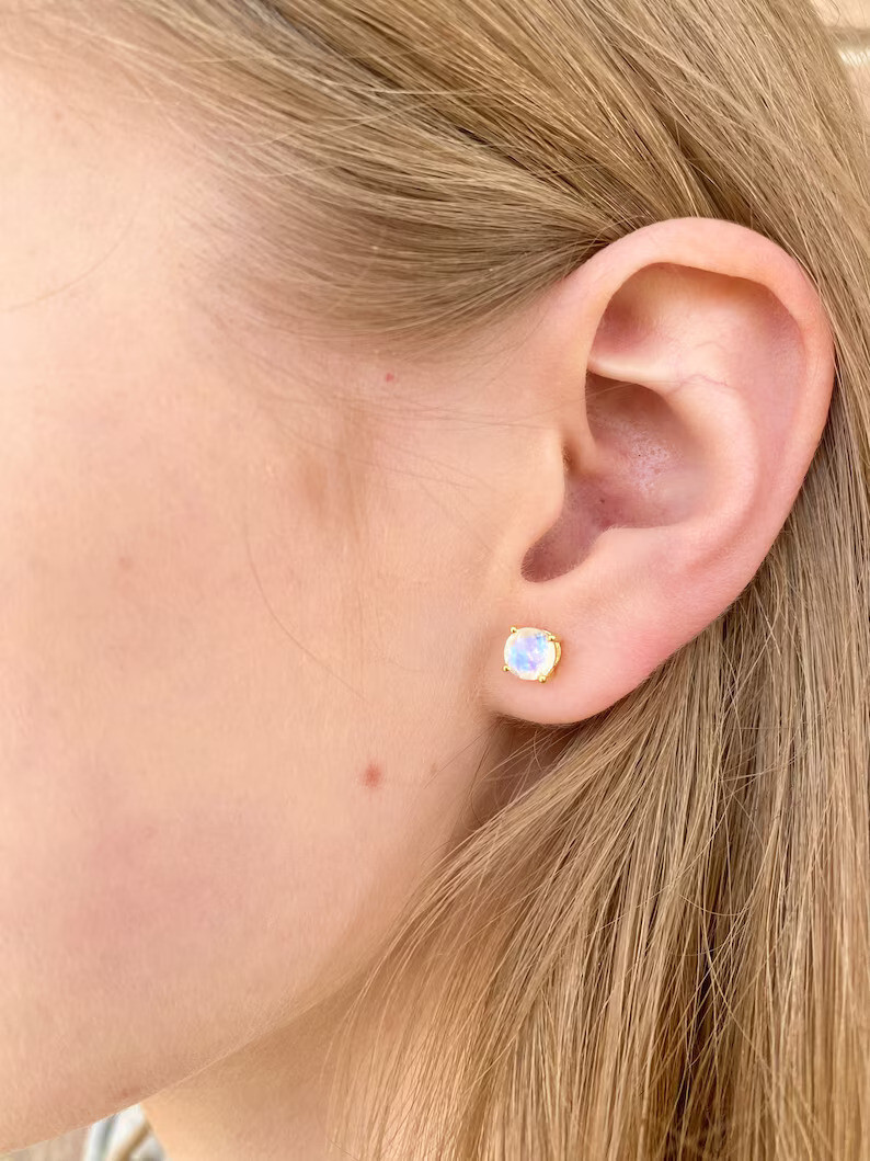 Natural Moonstone Round Cut Stone 925 Sterling Silver Women Tiny Stud Earrings