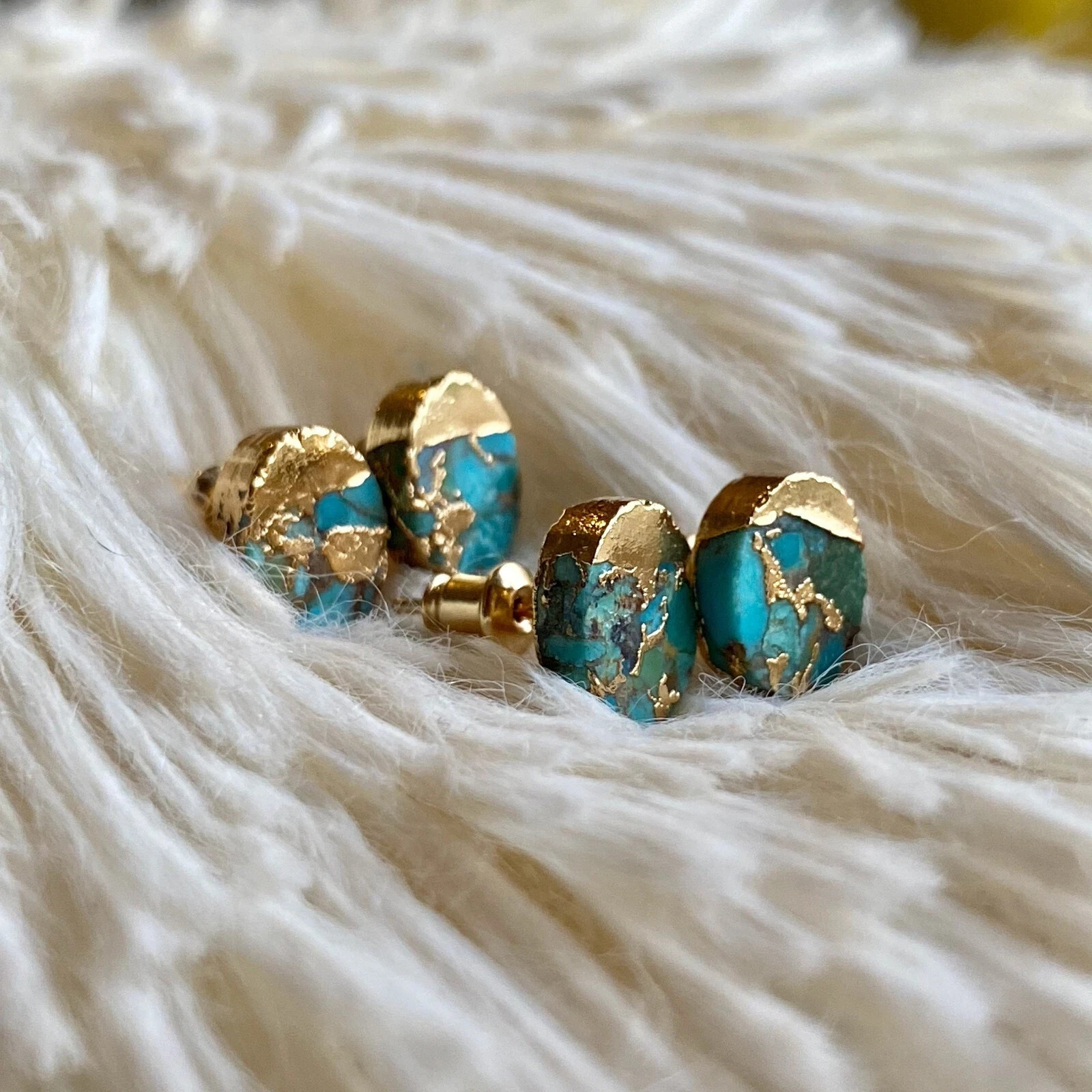 Tiny Blue Turquoise Earrings Gold Plated Dainty Minimalist Studs Small Gemstone