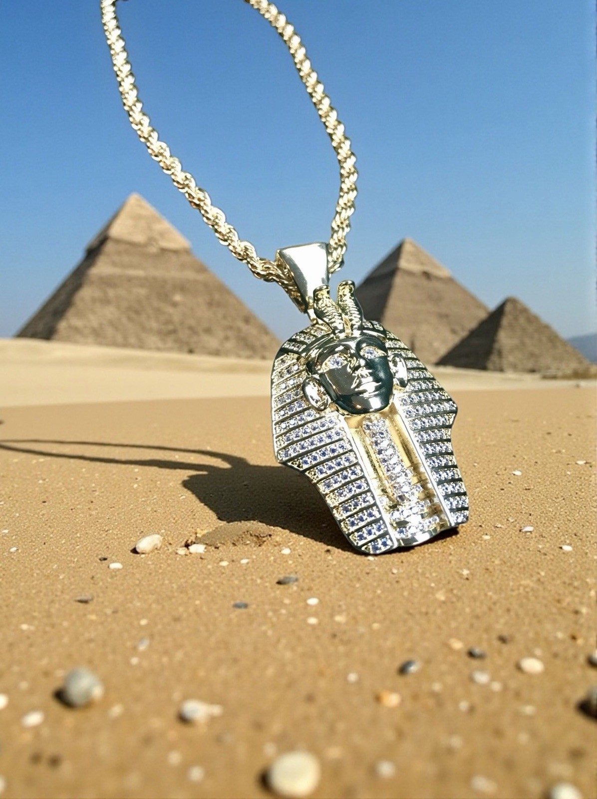 18K GOLD ROPE 24” CHAIN EGYPTIAN PHARAOH LAB DIAMONDS NECKLACE **MADE IN ITALY**