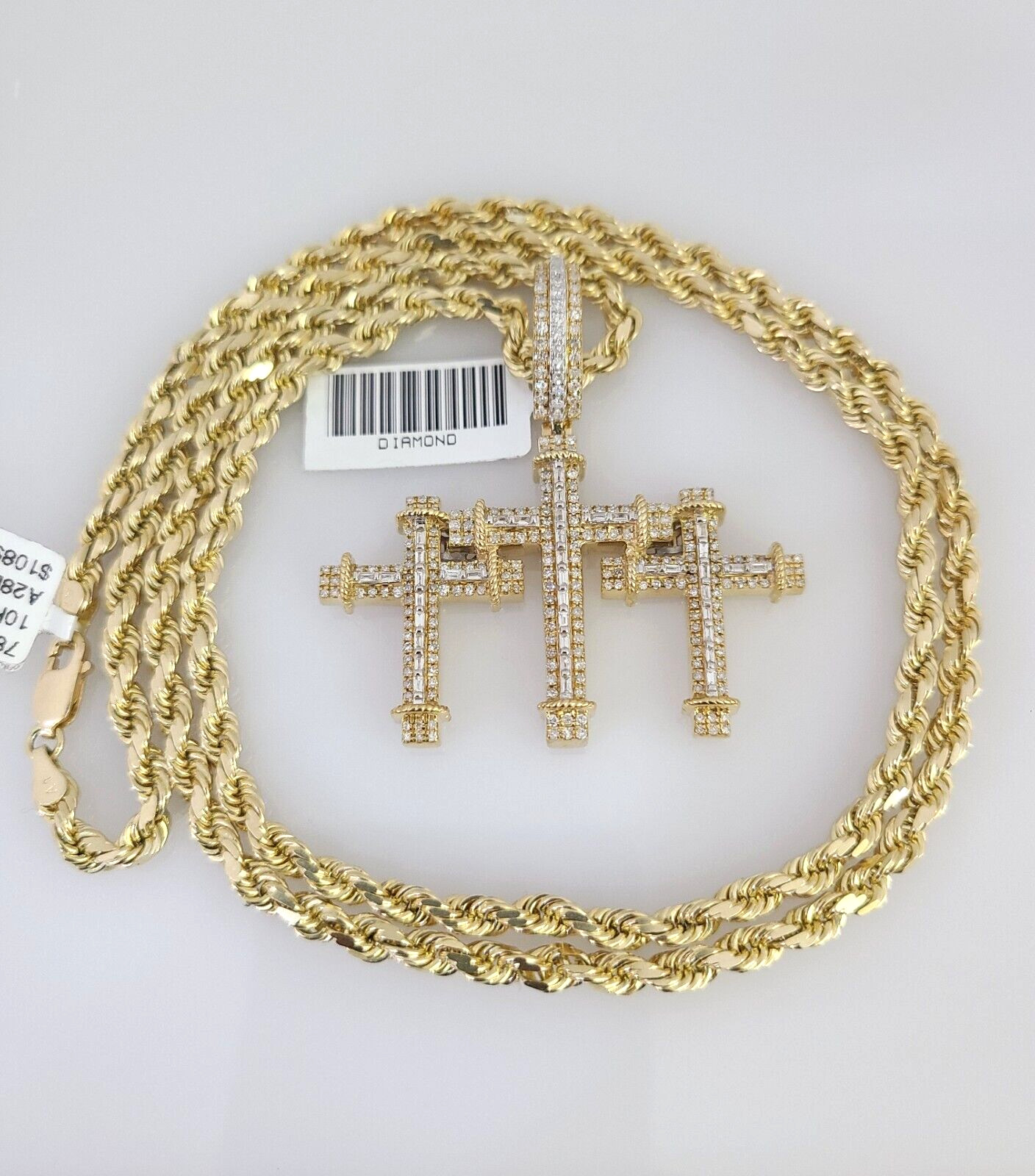 10k Solid Rope Chain Triple Cross Charm Diamond Set 4mm 20″-28″ Necklace Gold