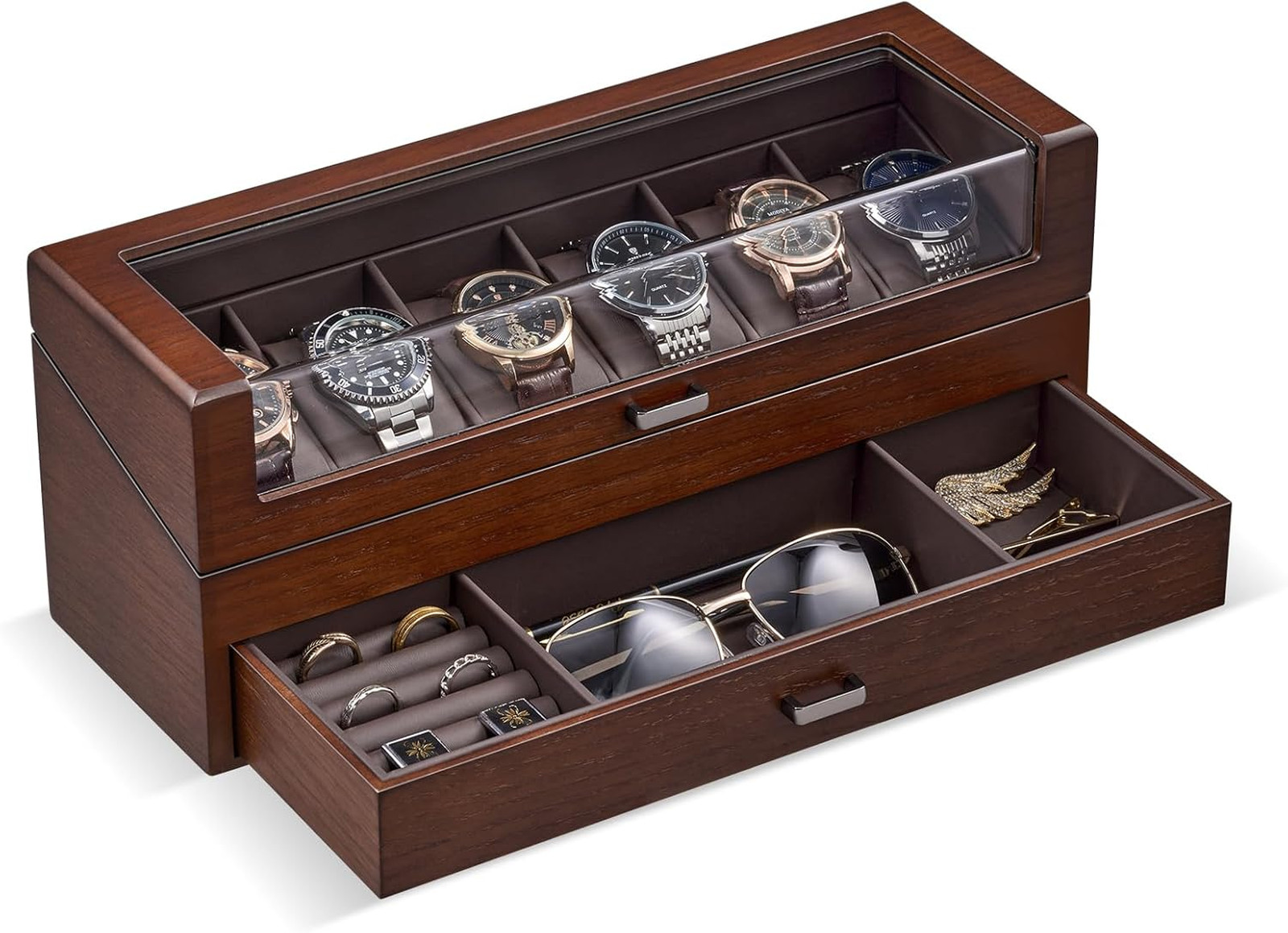 Wooden Watch Box for Men with Drawer, 6 Slot Jewelry Organizer Case, Walnut