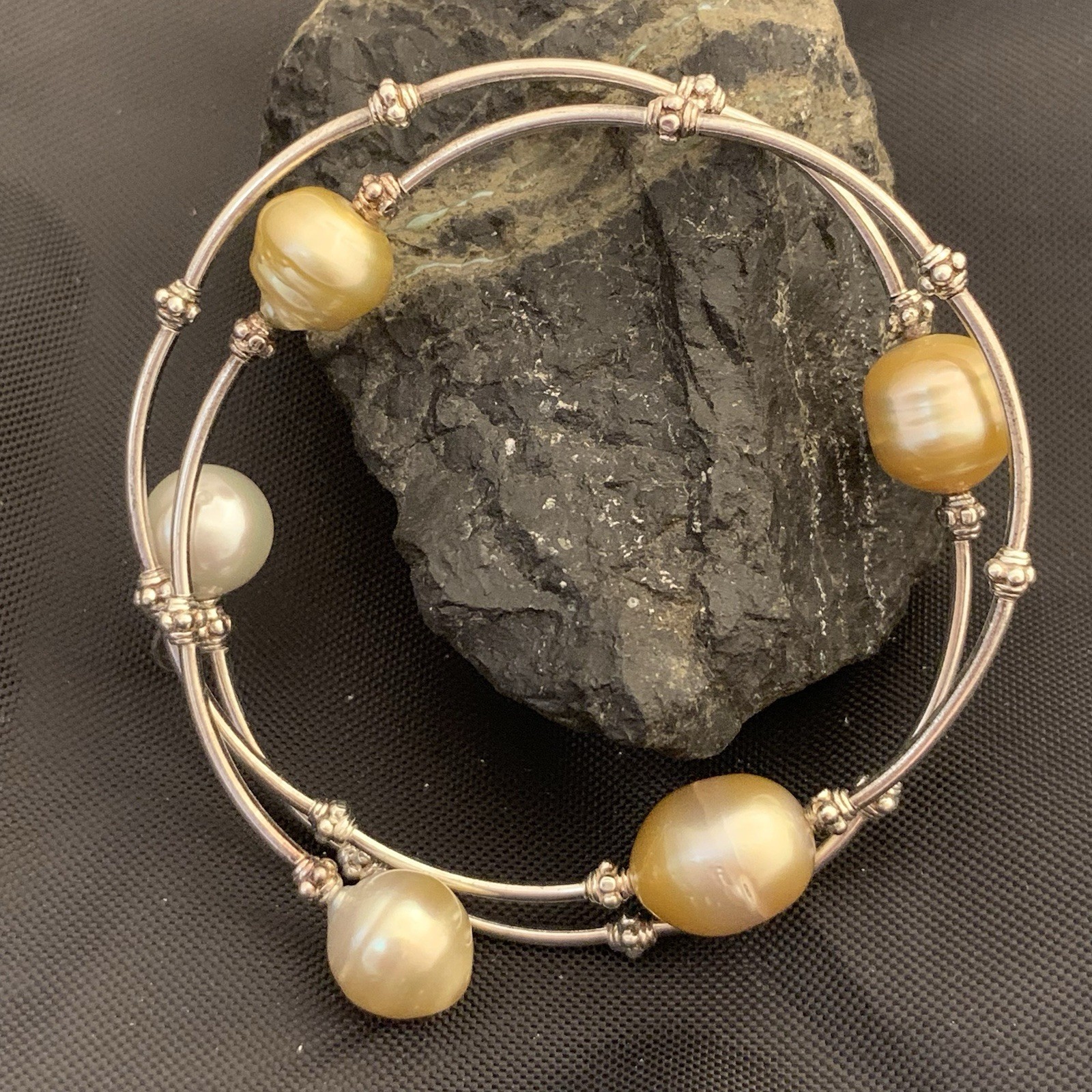 Golden South Seas Pearl Bracelet Hawaii Sterling Silver Flex Bangle 13mm 15.3gr