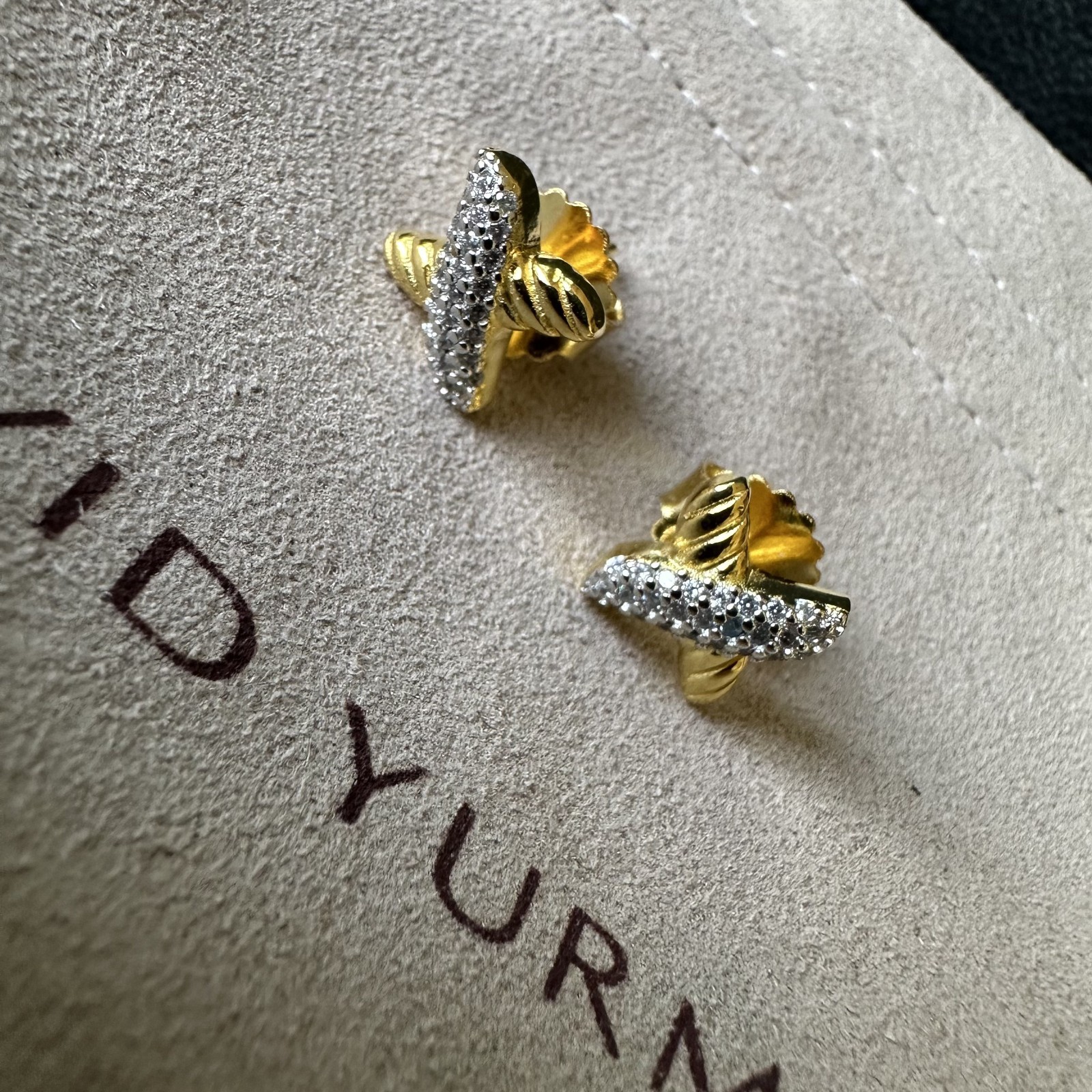 David Yurman Two Tone Cable Crossover Studs 925 Silver 18K Gold Diamond Earrings