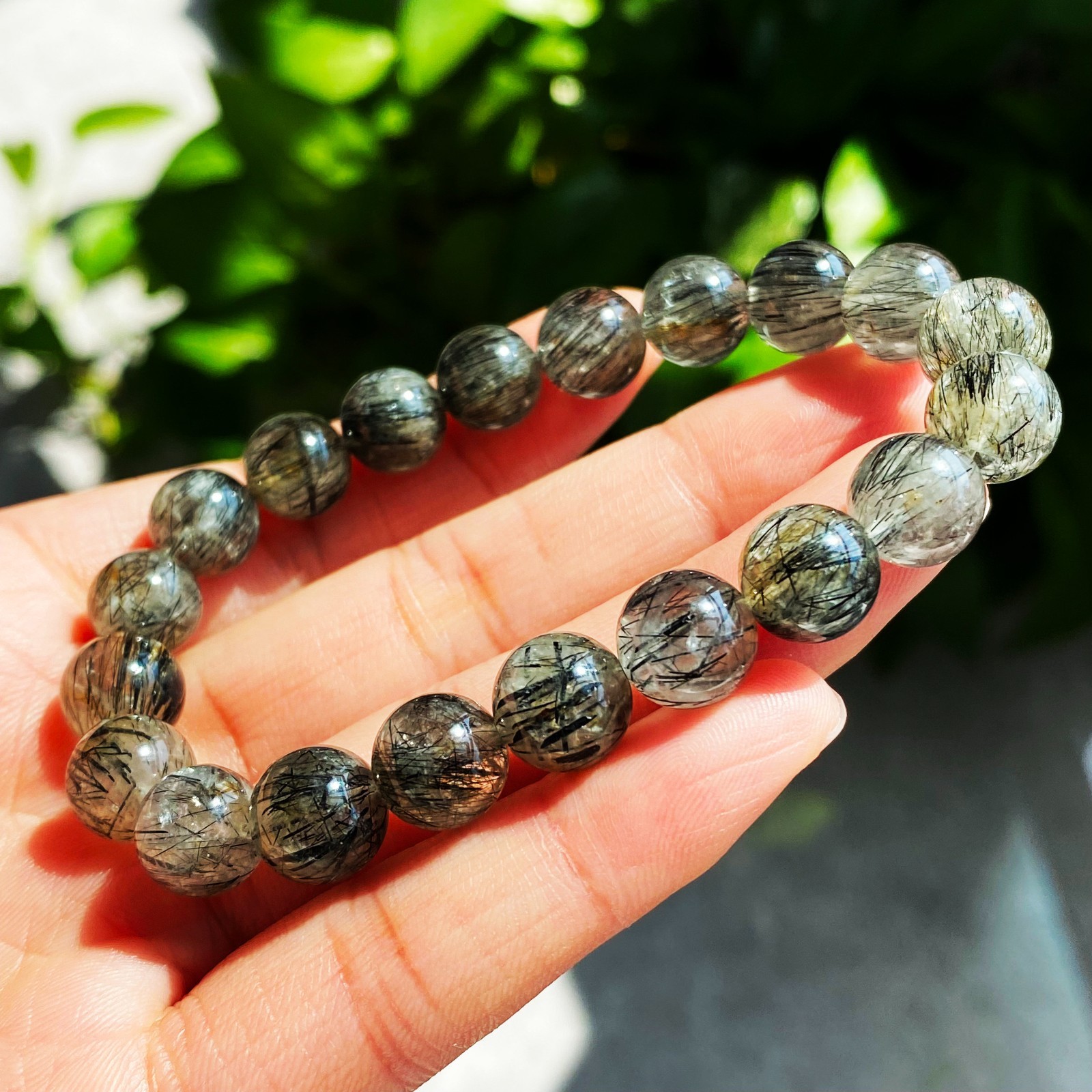 9mm Natural Black Rutilated Quartz Crystal Beads Bracelet 2342