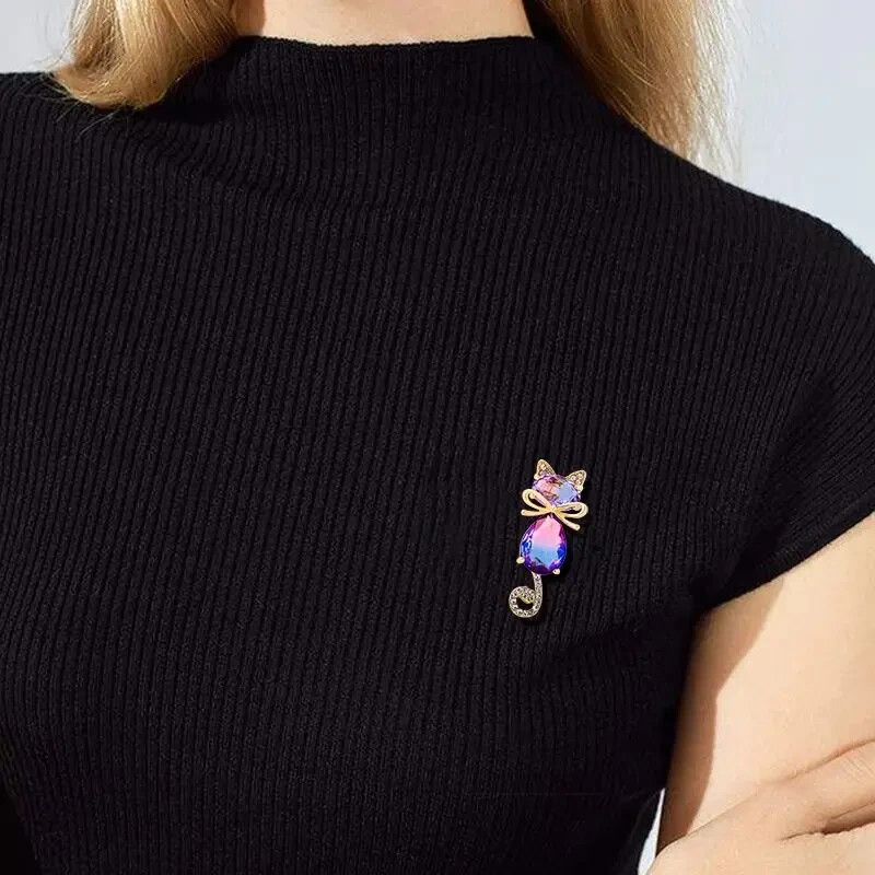 Cute Crystal Cat Brooch with Rhinestone Ears and Tail Birthday Christmas Gift