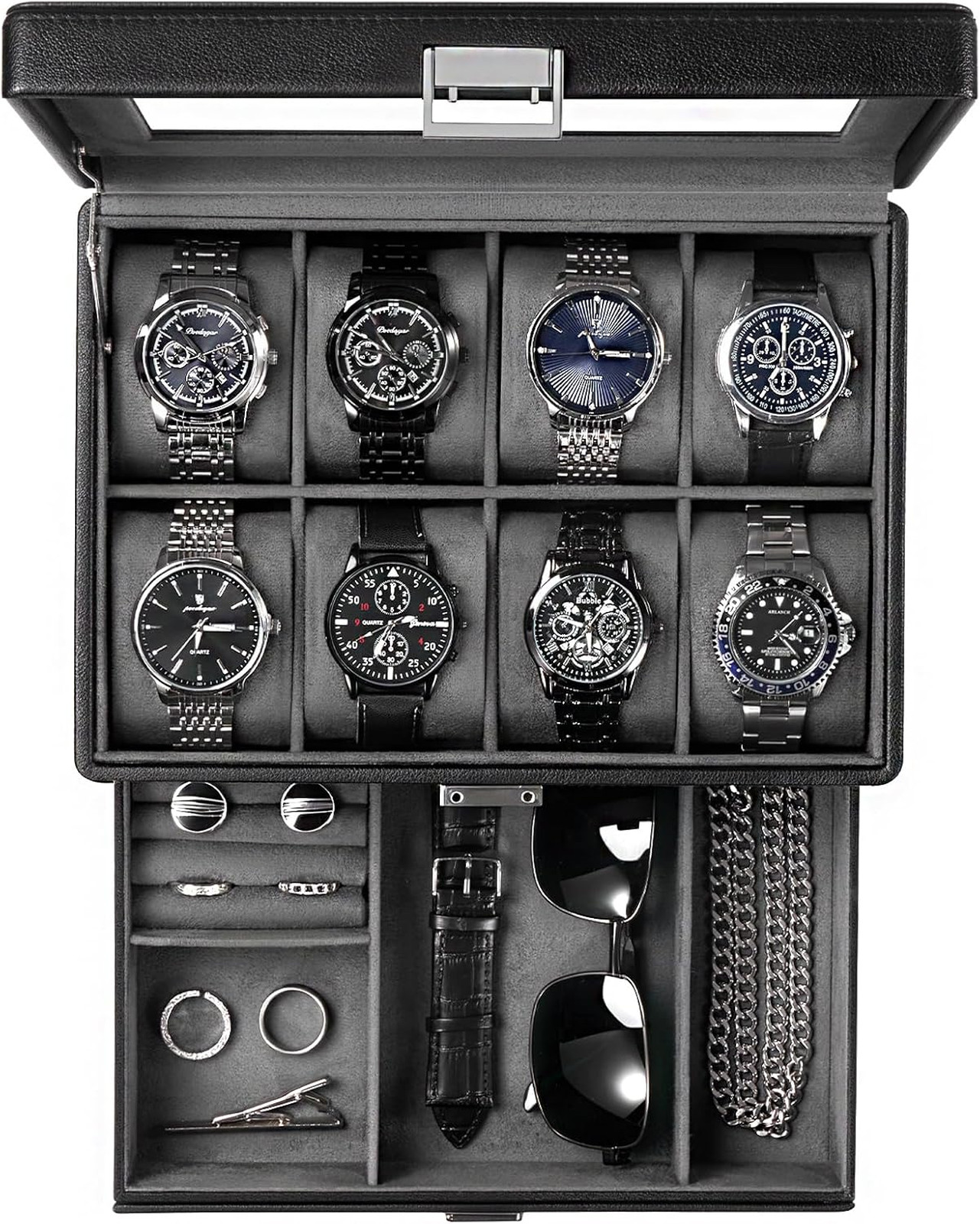 Watch Storage Box with Glass Lid for Men and Jewelry Organizer with 8 Slots
