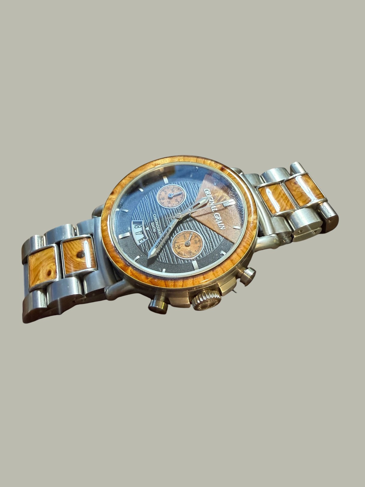 Original Grain Chronograph Watch Whiskey Barrel Wood & Steel Men’s Quartz 10ATM