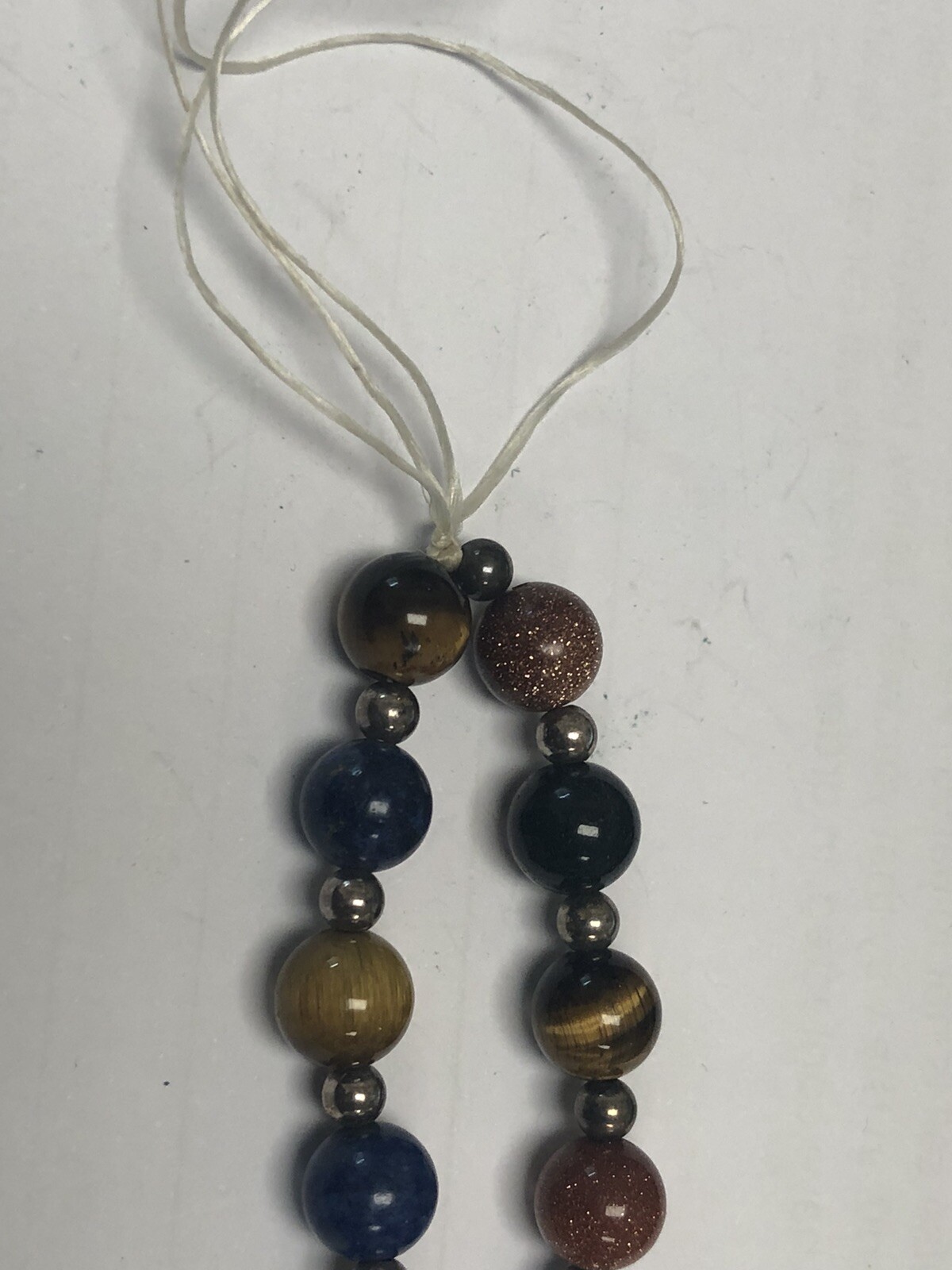 VTG TIGER EYE, LAPIS, SUNSTONE & SILVER BEADED NECKLACE ON SILK STRAND