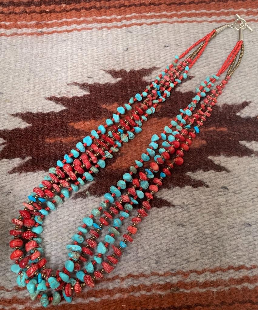 23″ Multi-strands turquoise/coral nugget necklace//gorgeous!!(y402c-w3)