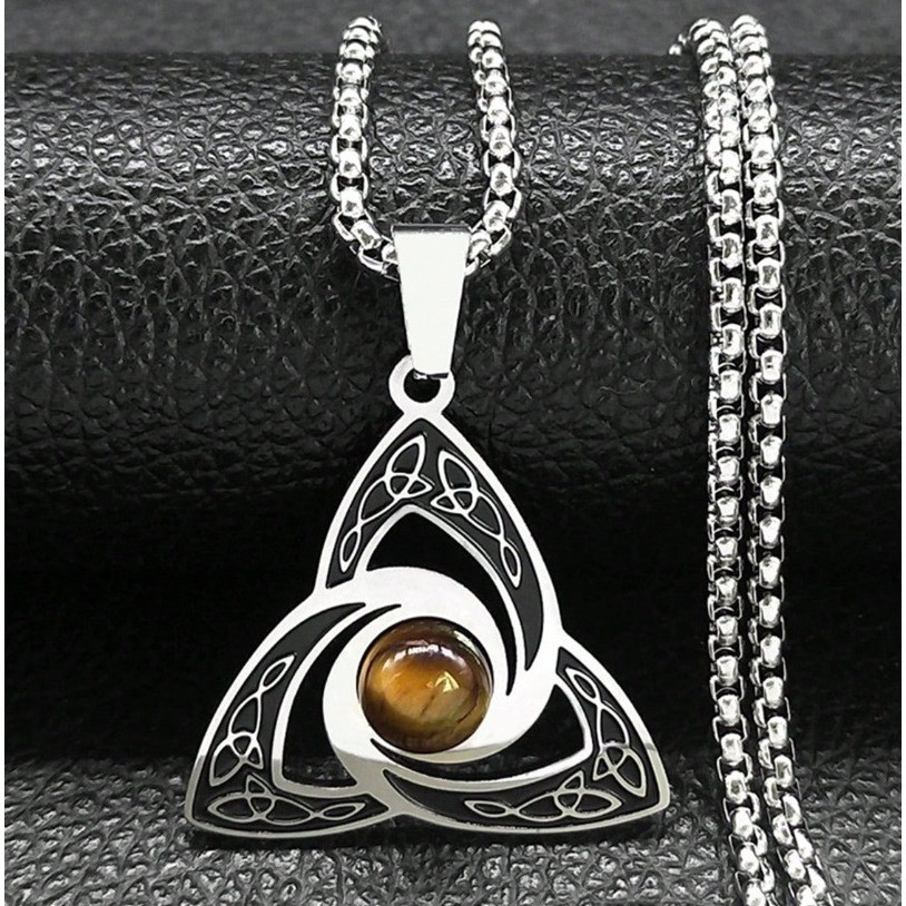 Irish Celtic Trinity Knot Power Necklace Tiger Eye Stone Stainless Steel Chain