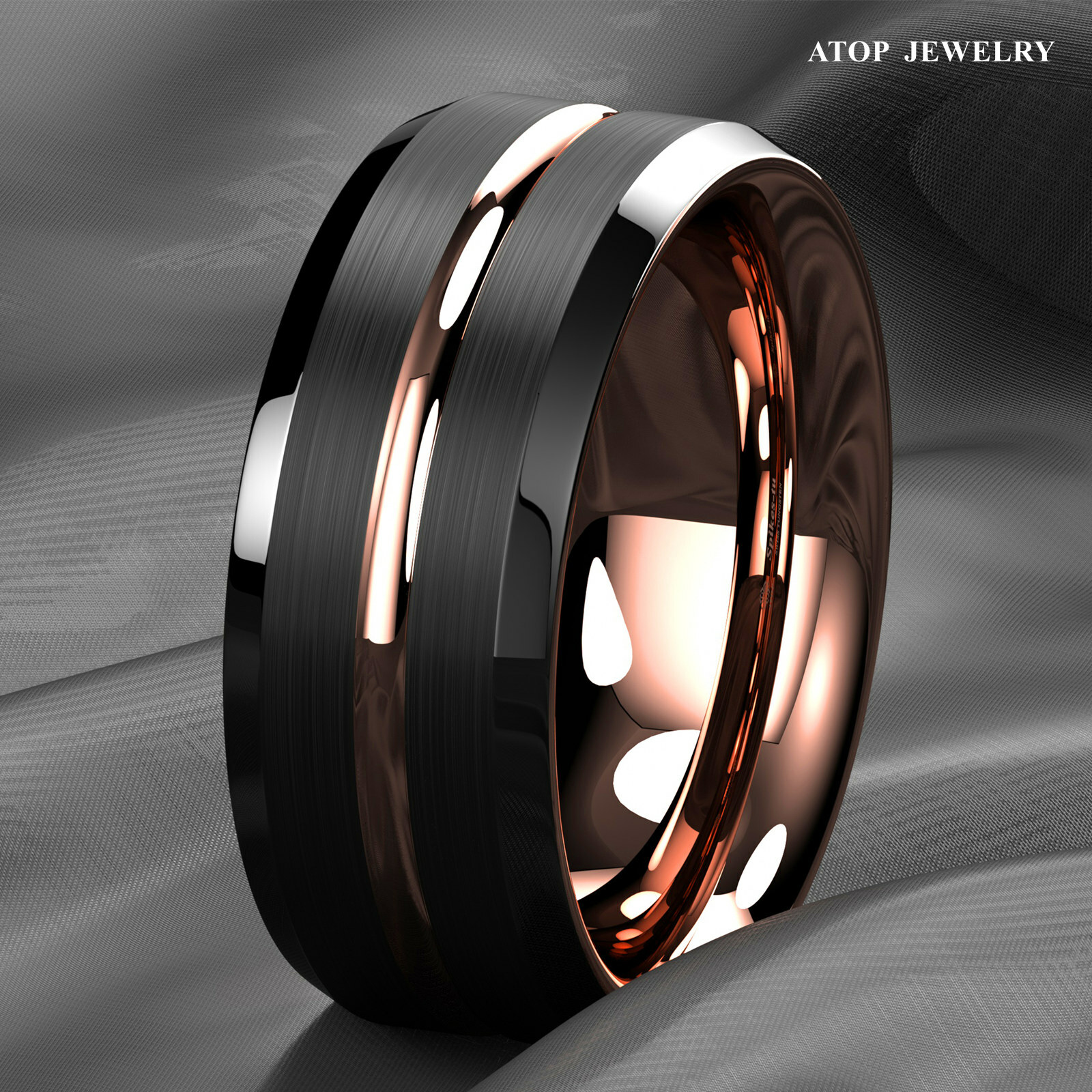 8mm Black Brushed Rose Gold Plated Metal Tungsten Ring ATOP Men Wedding Band