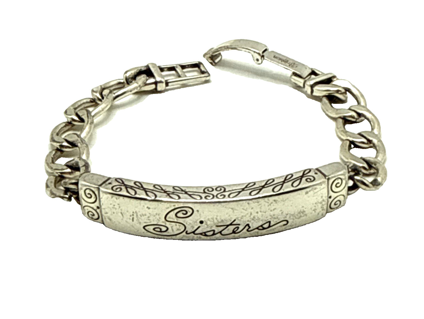 Brighton Sisters ID Bracelet Silver Plated Retired 7″ Heart Scroll Signed