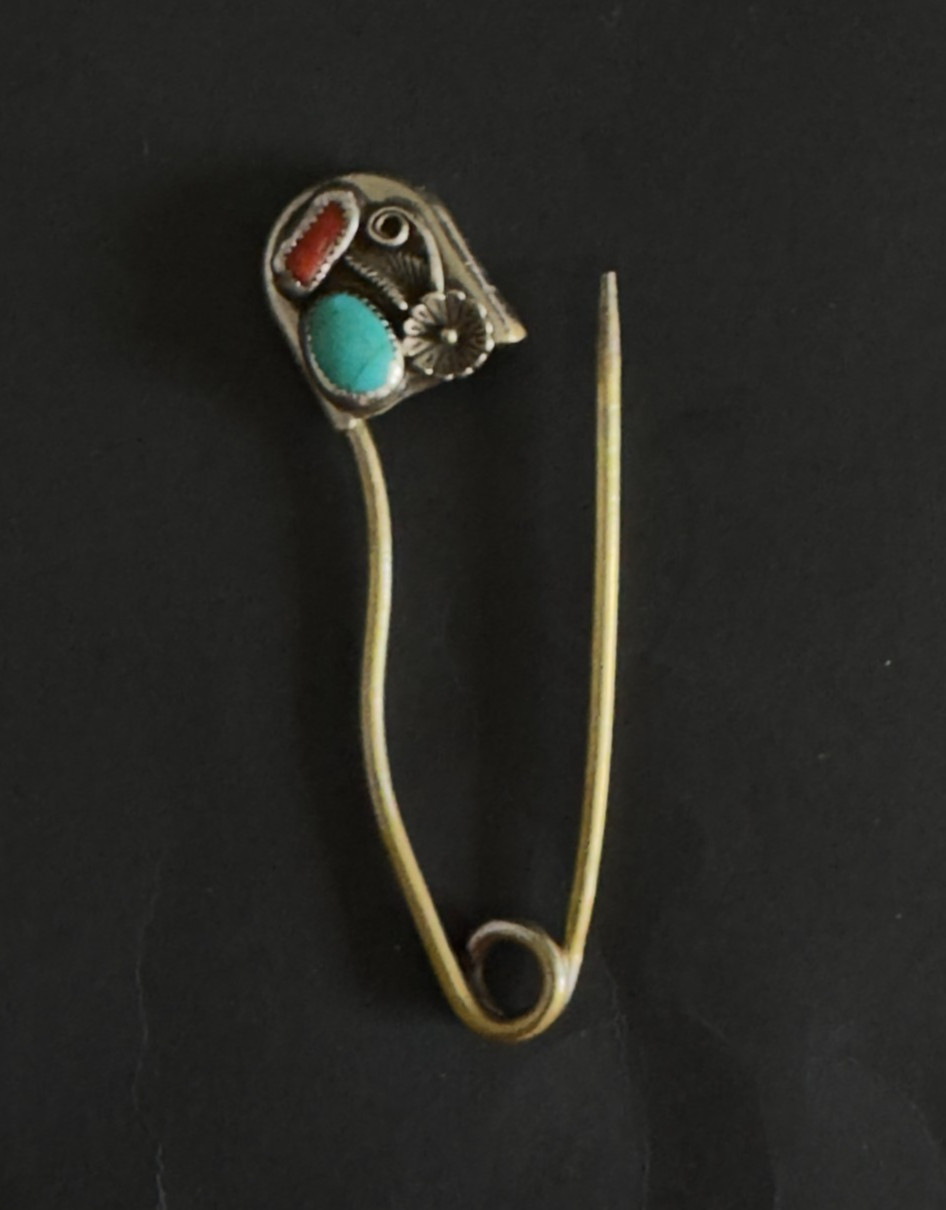 Vintage Risdon Safety Pin Brooch Turquoise Coral Keychain Native American