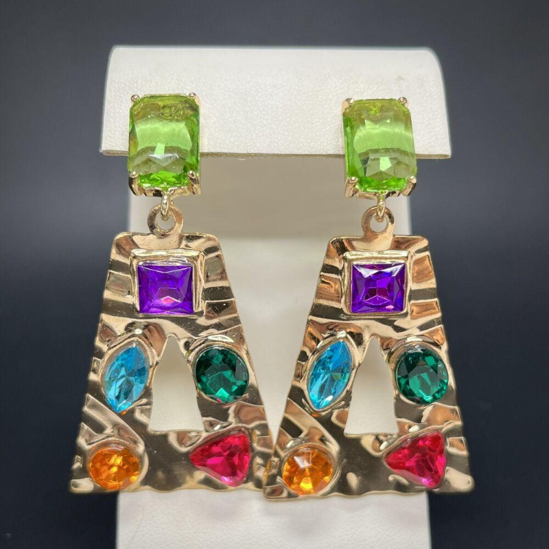 Door Knocker Earrings Gold Tone Pierced Rhinestones Colorful Mogul Hammered