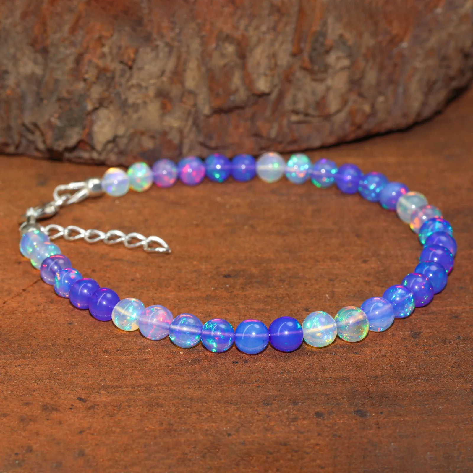 Lavender Opal Gemstone Round Beads Bracelet, Natural Fire Opal Beaded Bracelet