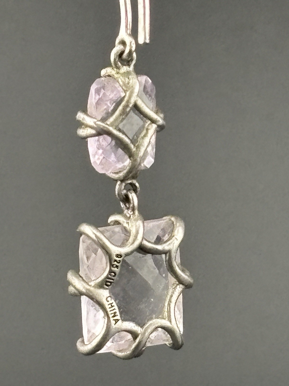 CID 925 Sterling Silver Pale Lavender Pink Gemstone Dangle Earrings China 7g