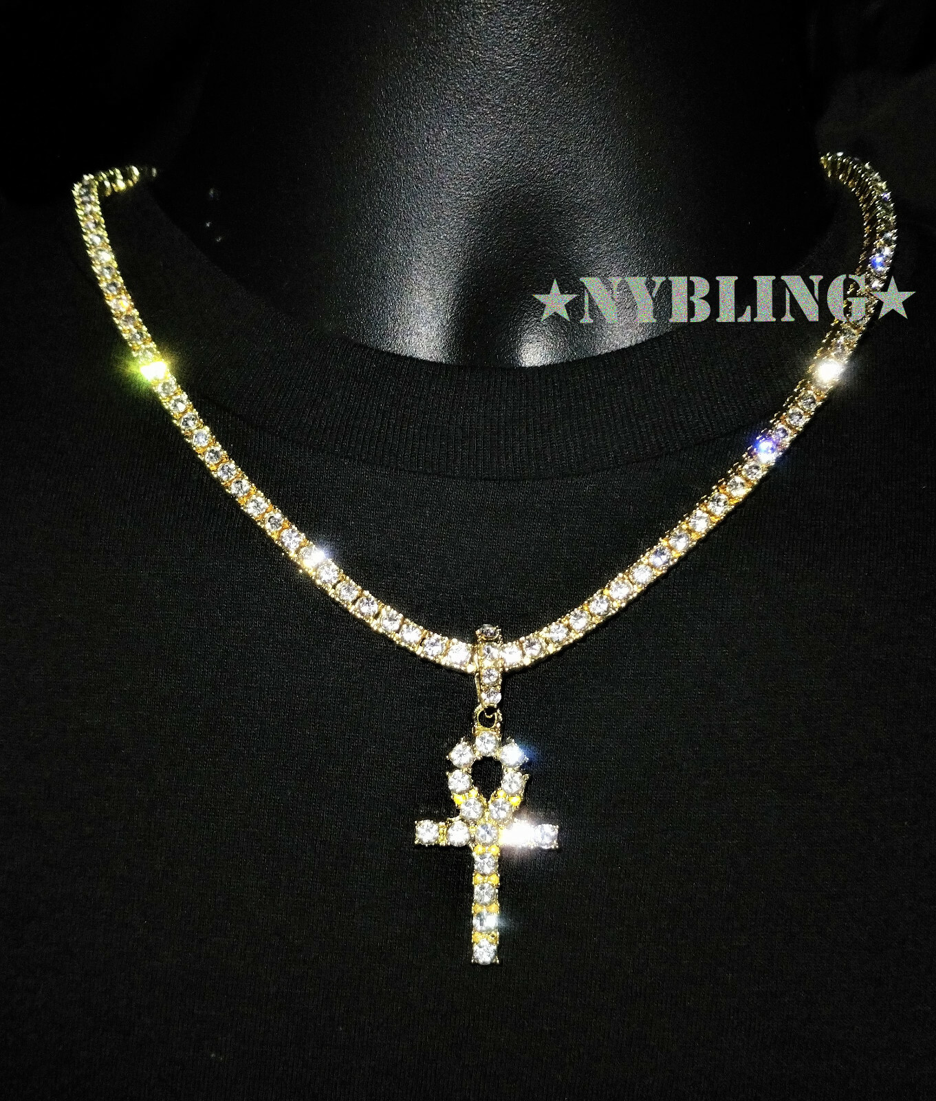 14k Gold Plated Tennis Chain Choker w/ ANKH Pendant ICED CZ Hip Hop Necklace 5MM