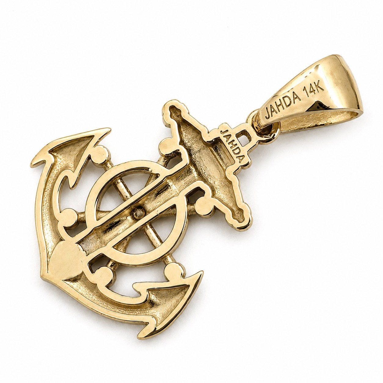 Solid 14K Yellow Gold Mens Anchor Pendant Nautical Ship Wheel Marine Charm