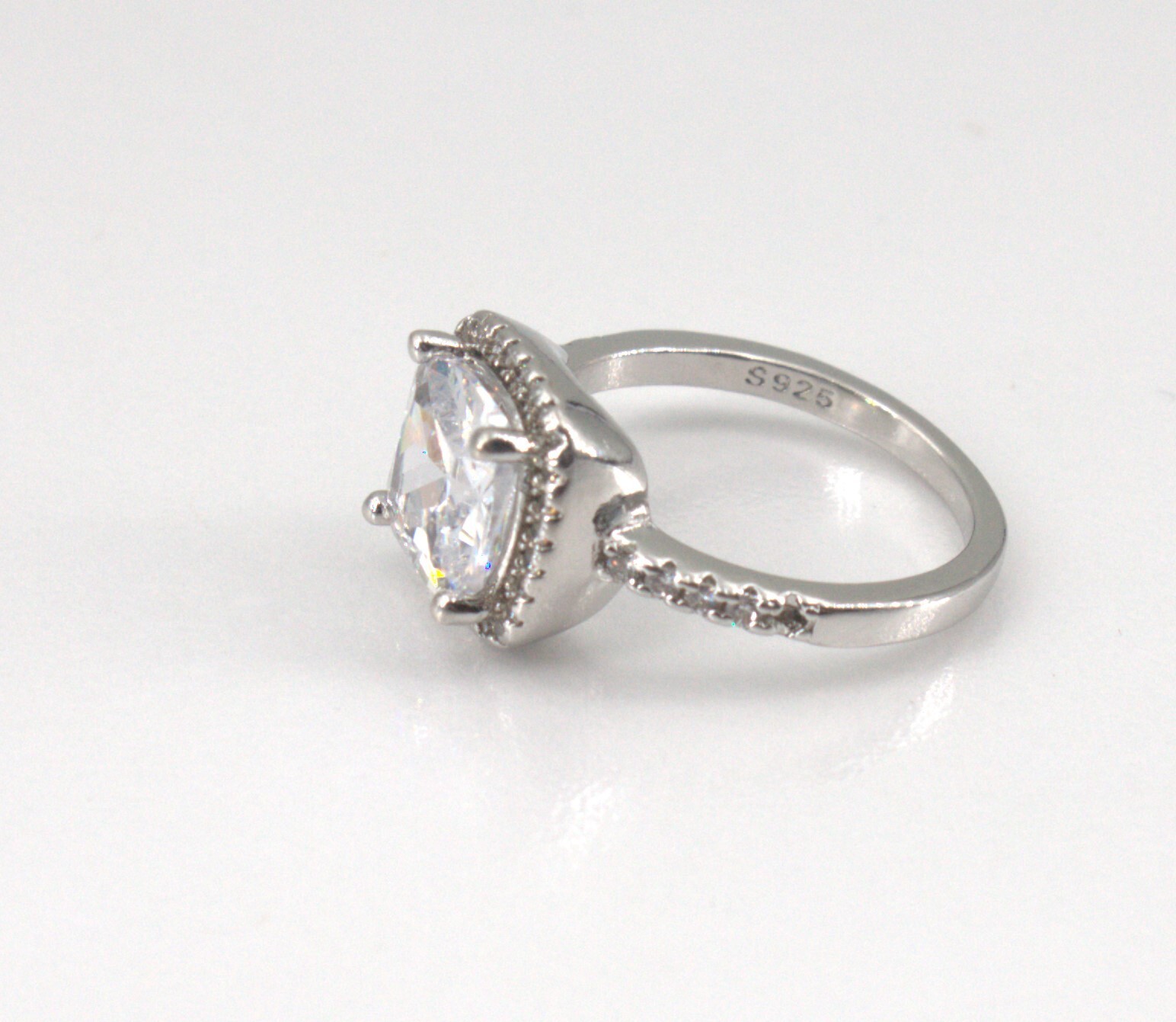 Sterling Silver Ring Cushion Cut Solitaire with Accents Cubic Zirconia Signed S