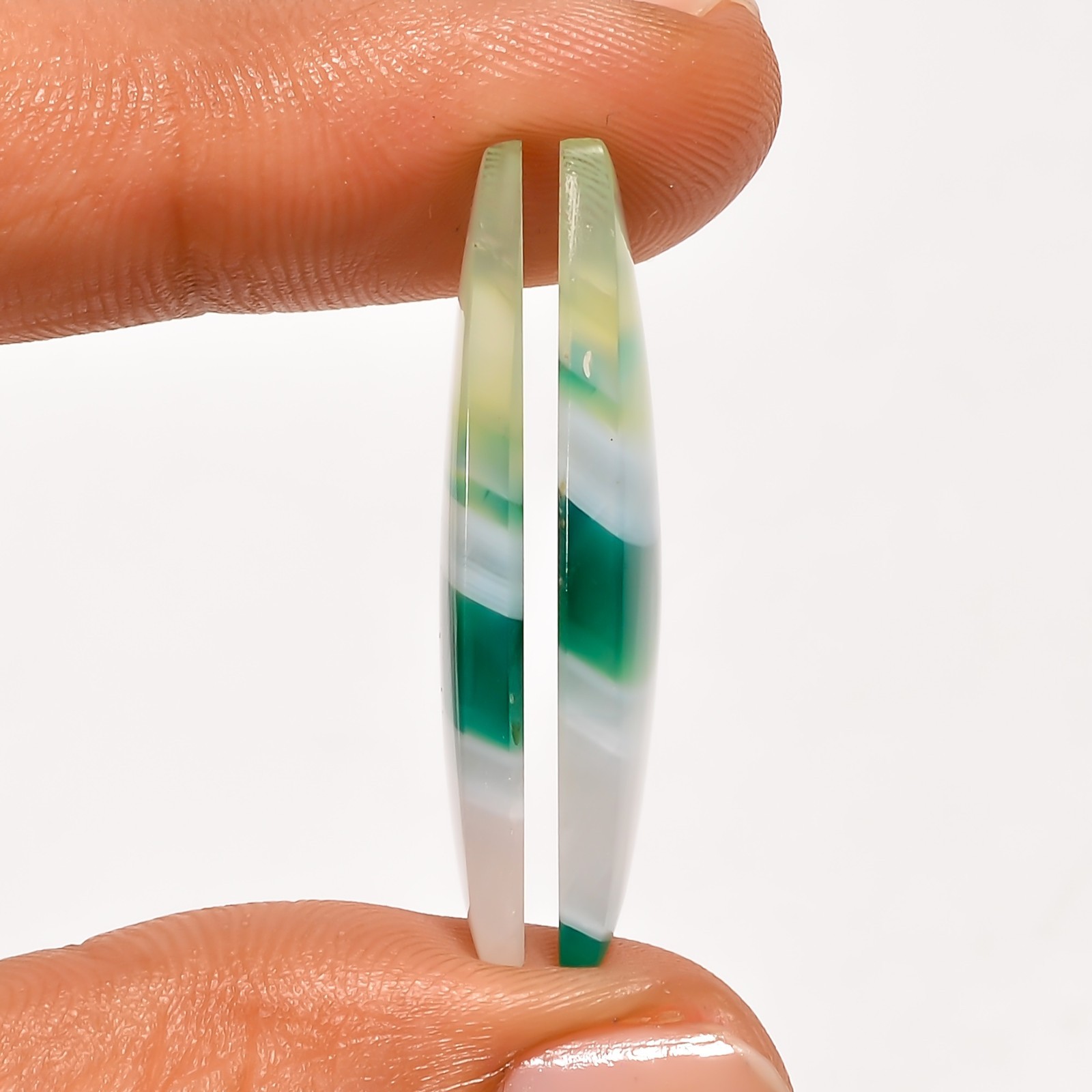Green Banded Agate Gemstone Matching Pair 32x17mm Fancy Shape Earrings Stone