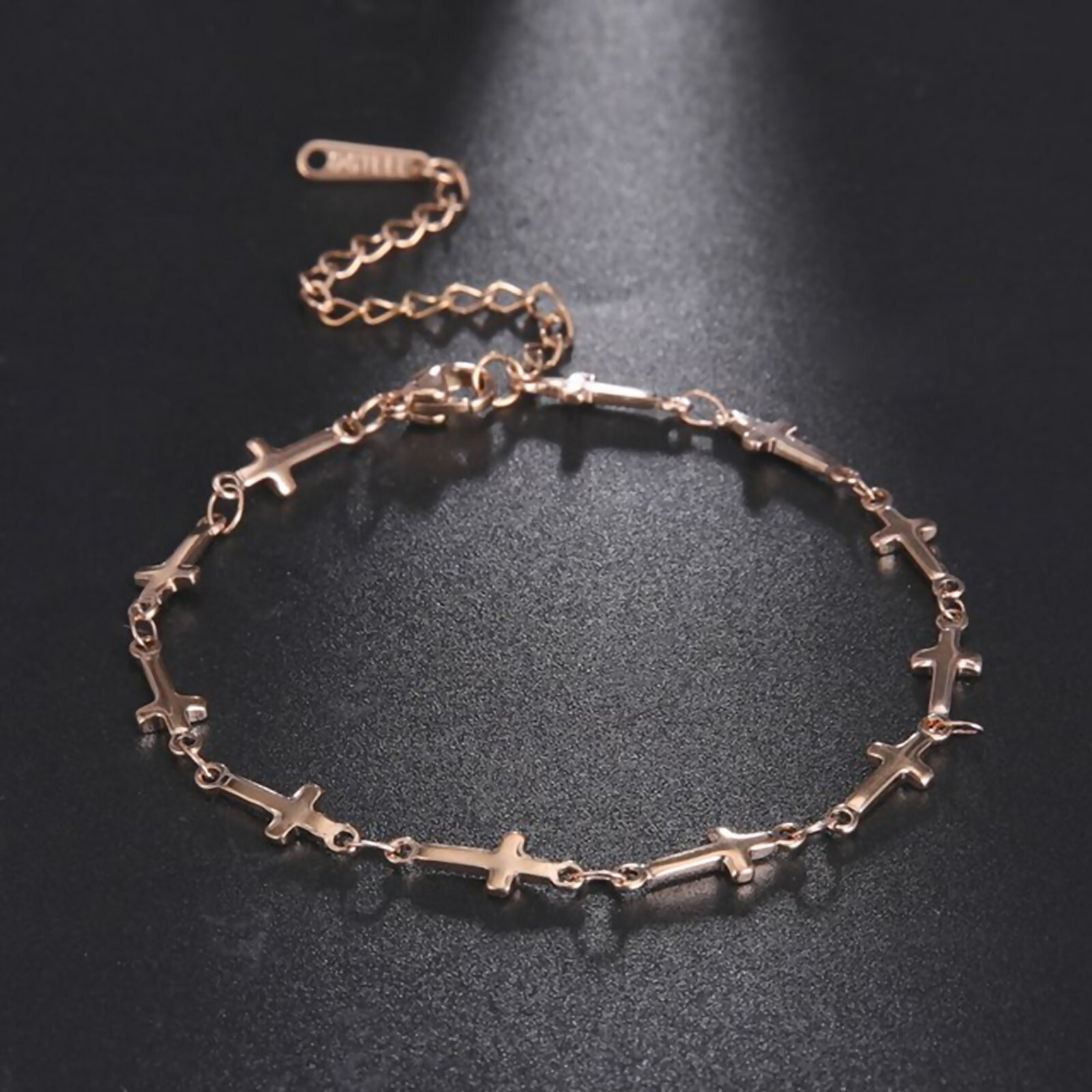 Christian Cross Charm Bracelet Rose Gold PVD 316L Stainless Steel Anklet 7-9 IN