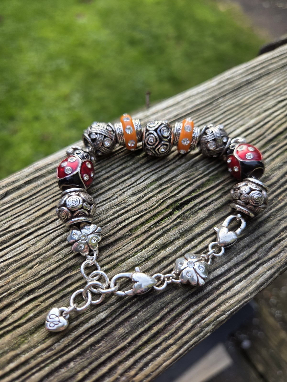 Brighton Ladybug Shamrock Charm Bracelet Bead Silver Tone Heart Clover Rare