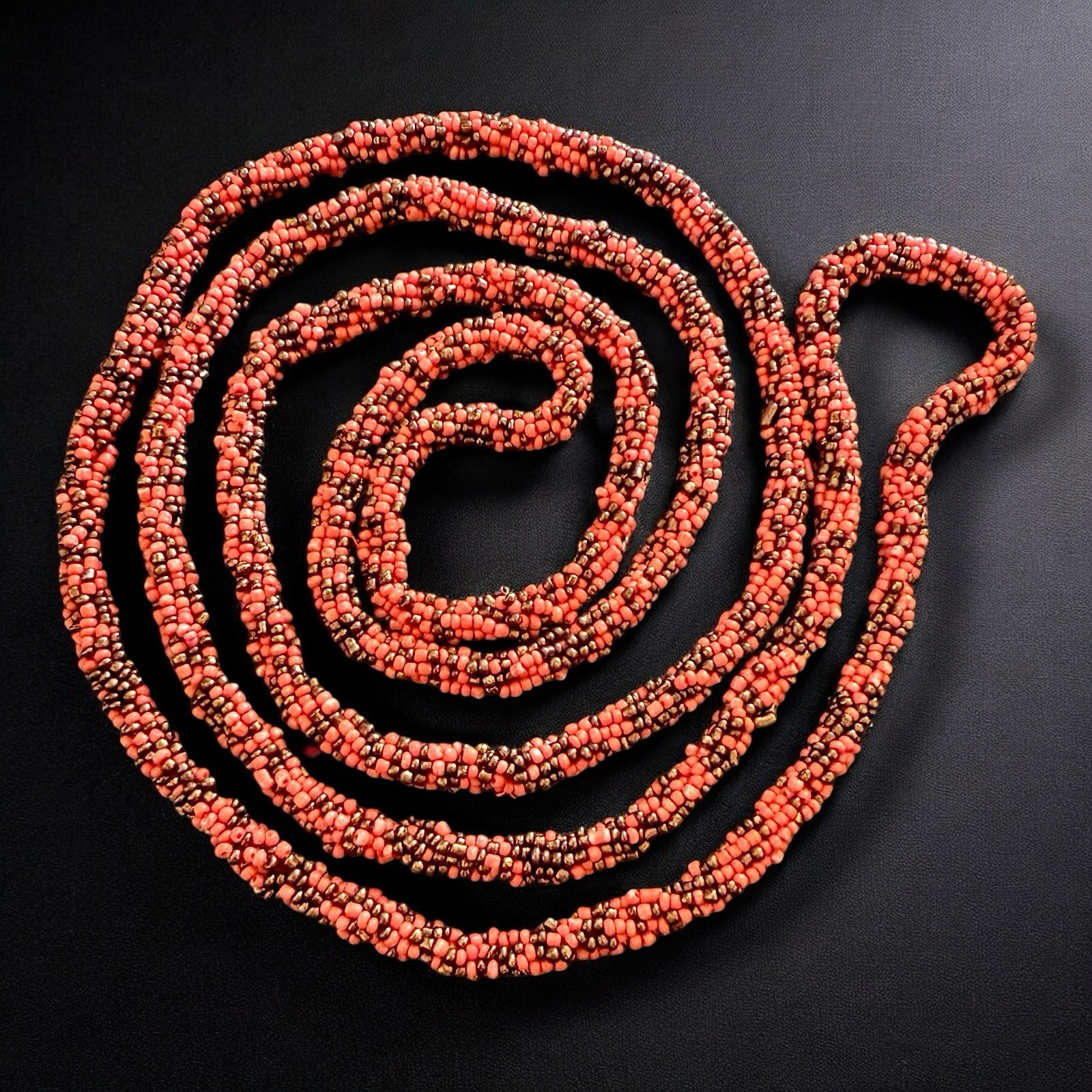 Art Deco Sautoir Necklace Coral Black Glass Bead Crocheted 1920s Flapper