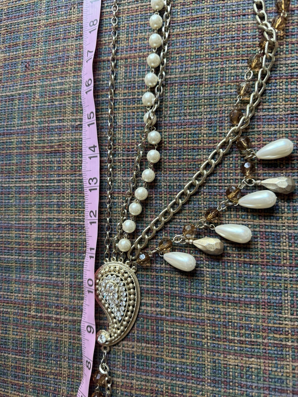 Banana Republic Multi-Strand Statement Necklace, Pearl Amber, Rhinestone Paisley