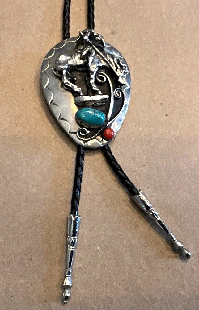 Men’s Adjustable Bolo Tie Black Leather Cord Silver-Tone Oval Turquoise Coral