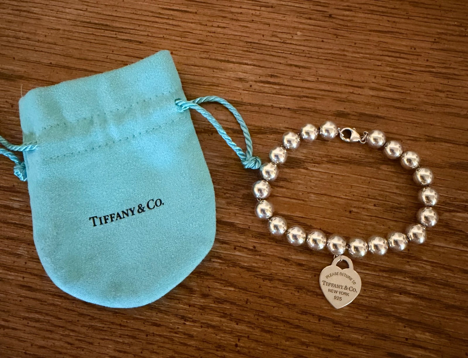 Return To Tiffany 8 mm Bead Balls Bracelet With Medium Size Heart Tag 7.5