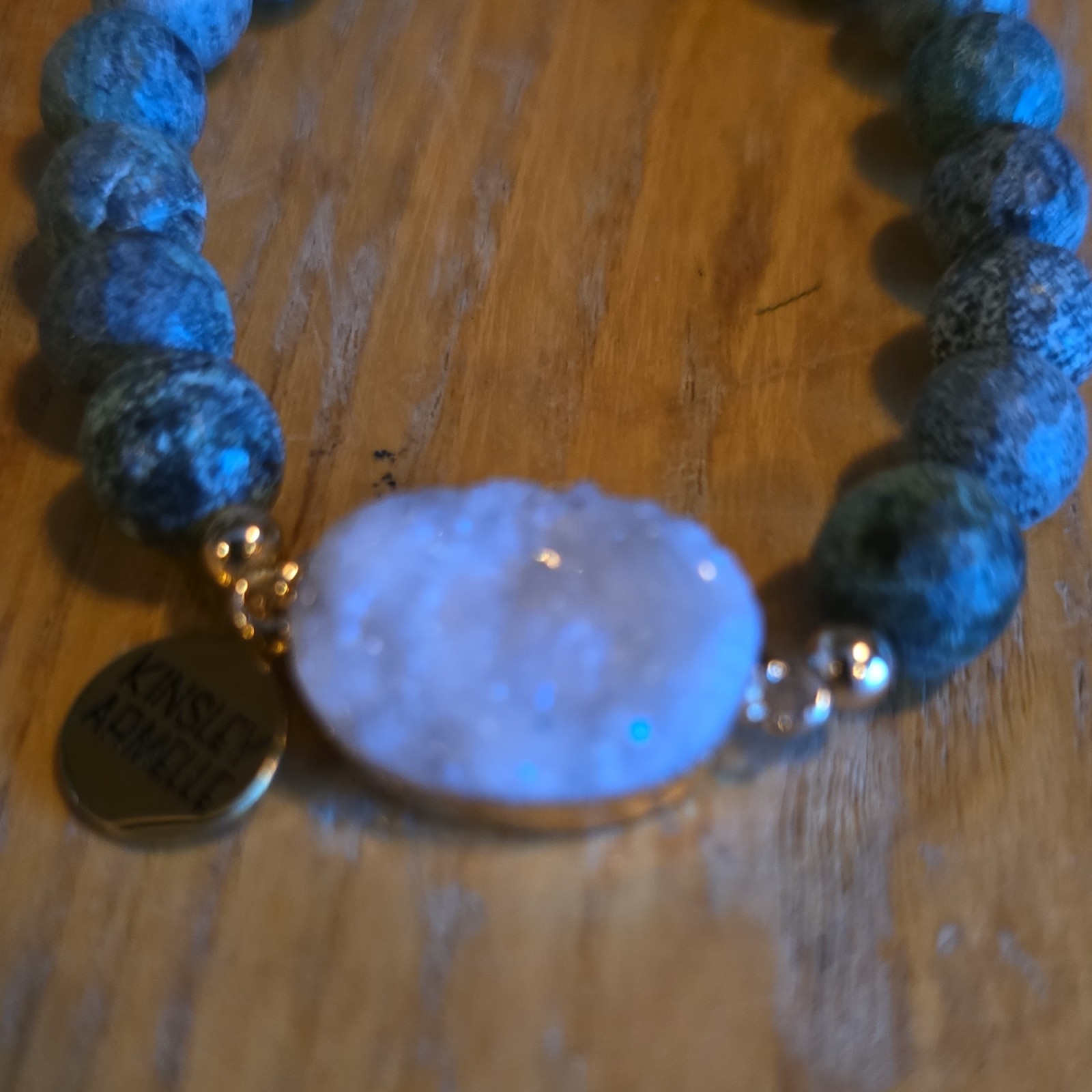 Kinsley Armelle Blue Beaded Stretch Bracelet Oval White Druzy Dangle Signed