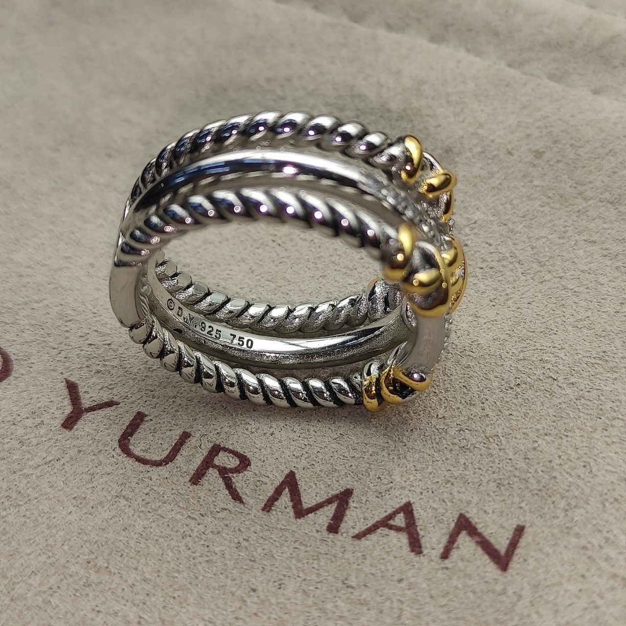 David Yurman Twisted Wrap Band 925 Silver 18K Gold Three Row Pave Diamond Ring 8