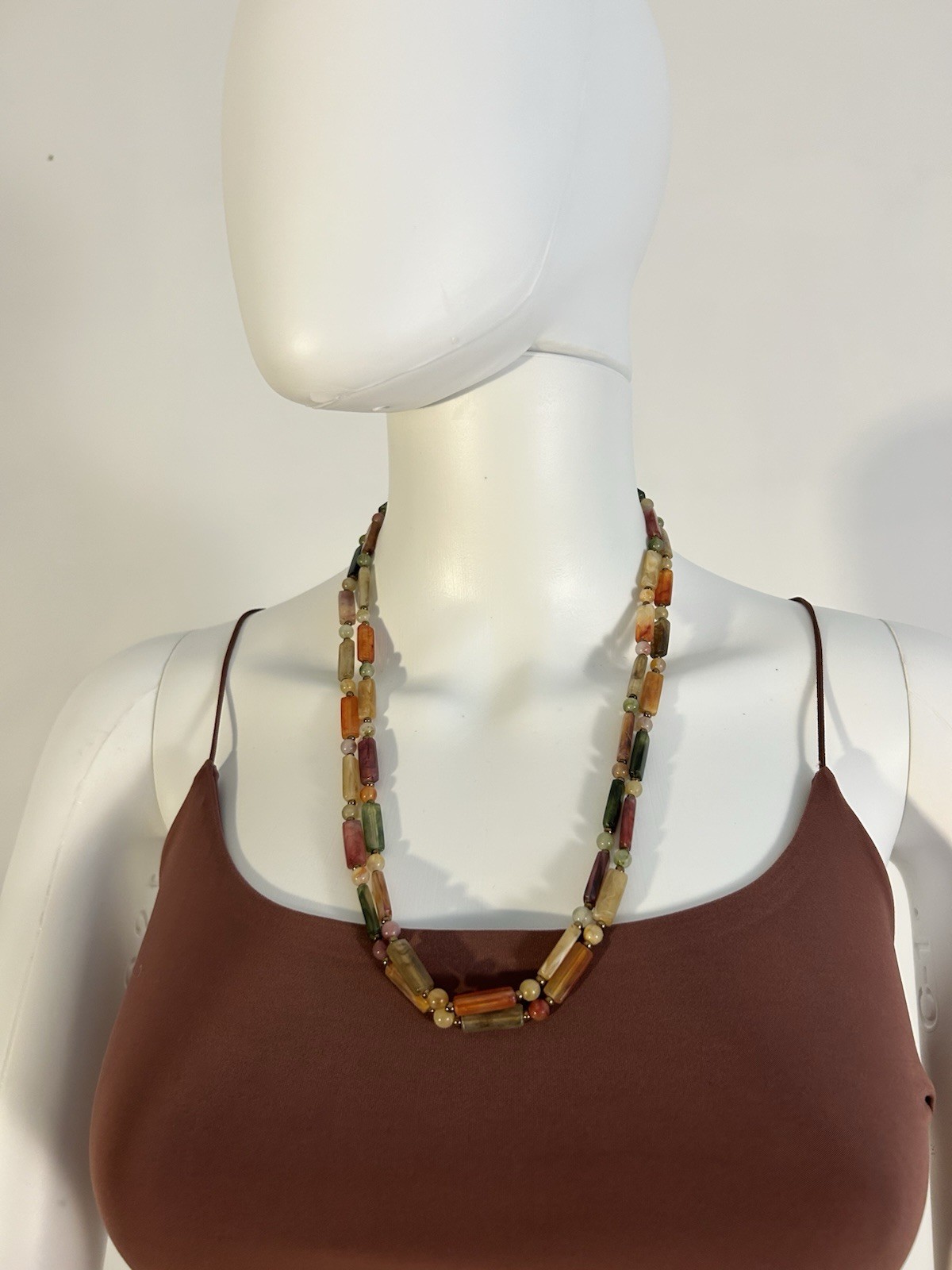 Multicolor Bohemian Stone Beaded Long Statement Necklace, Adjustable Bead Chain