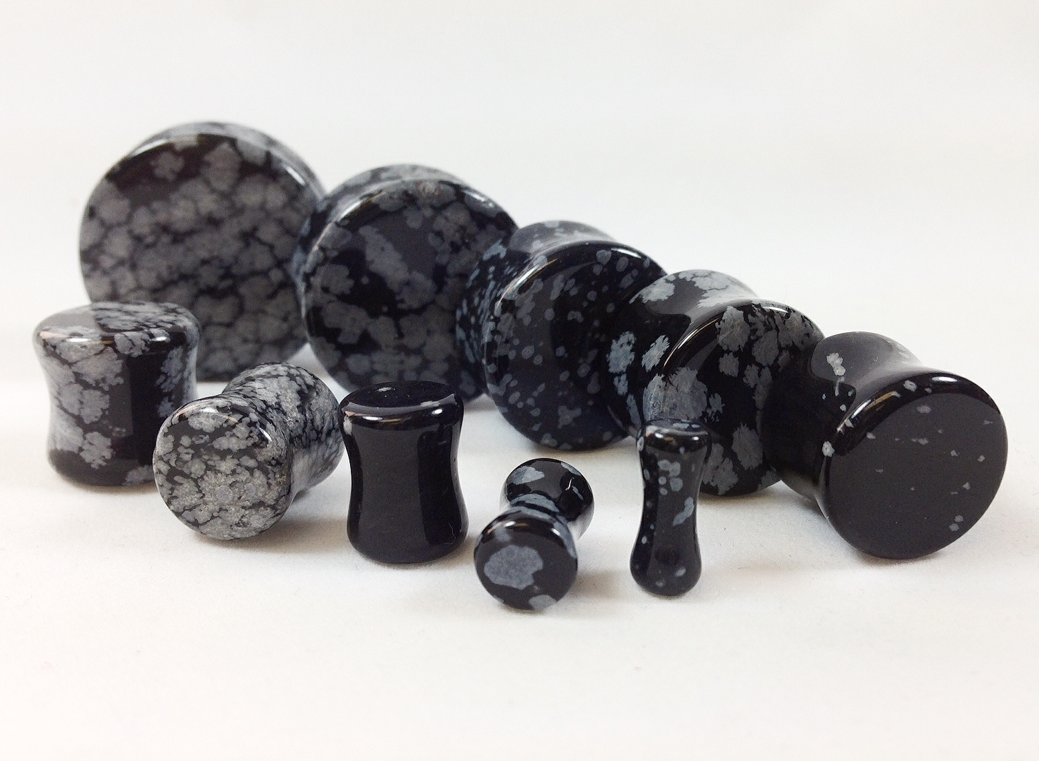 PAIR Snowflake Obsidian Stone Plugs Gauges – 3mm (8g) to 25mm (1.5″) available!