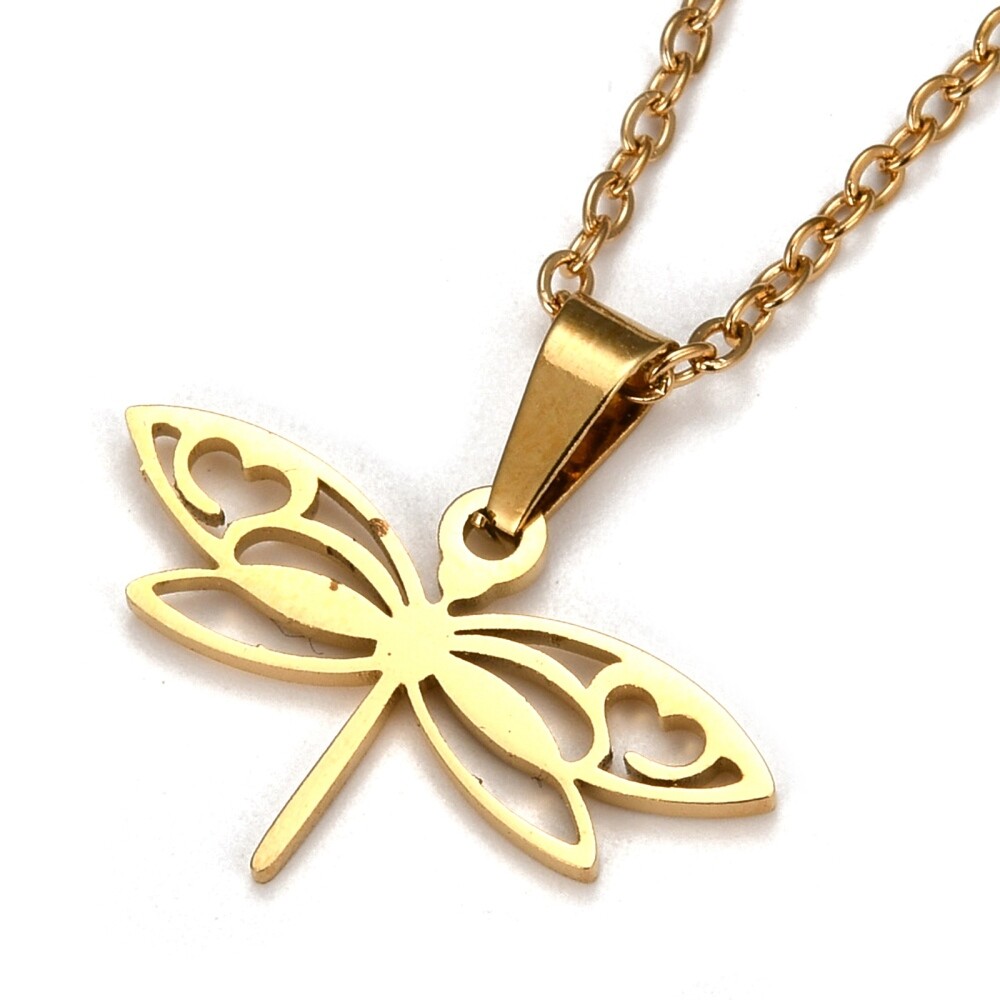 Stainless Steel Set Pendant Necklace Earrings Dragonfly 15.7″ 0.7mm Z804