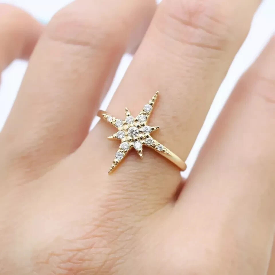 1.30 Ct Round Cut Real Moissanite Engagement Star Ring 14k Yellow Gold Plated