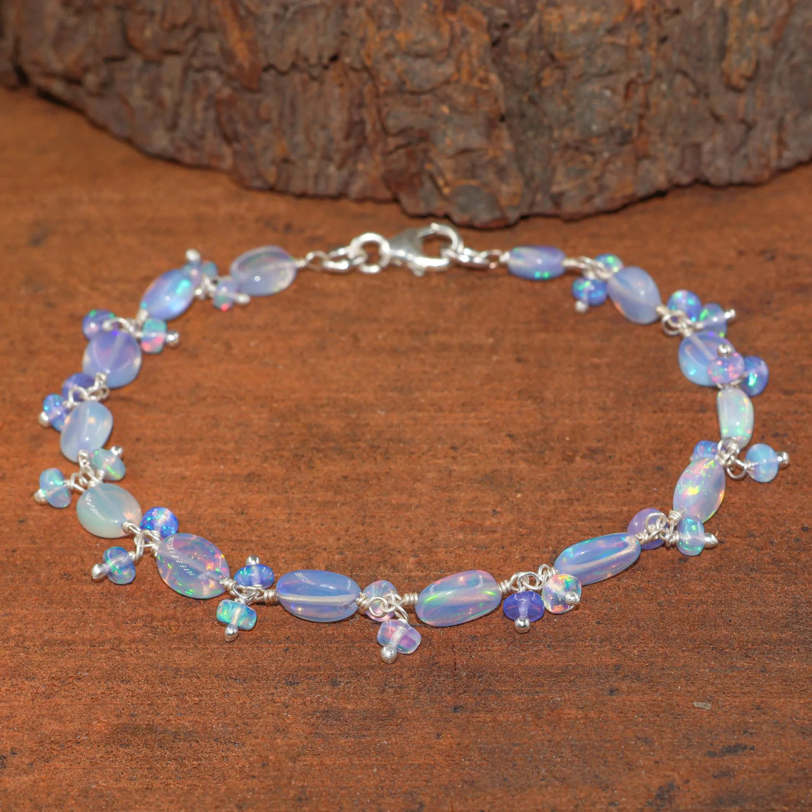 Fire Blue Opal Gemstone Tumble Beads Bracelet, Genuine Ethiopian Opal Bracelet