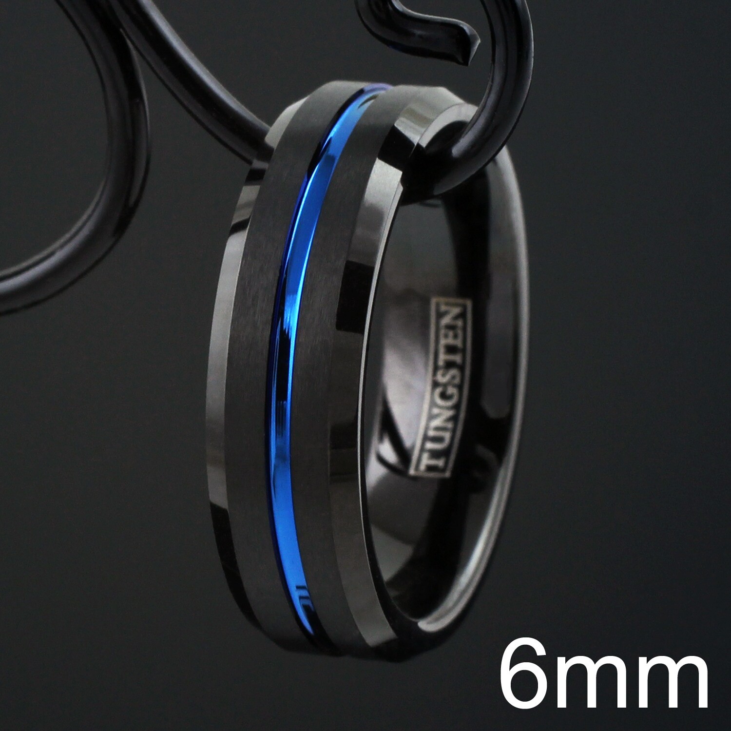 Black Tungsten Carbide Brushed Thin Blue Line Band Ring-Police Law Enforcement