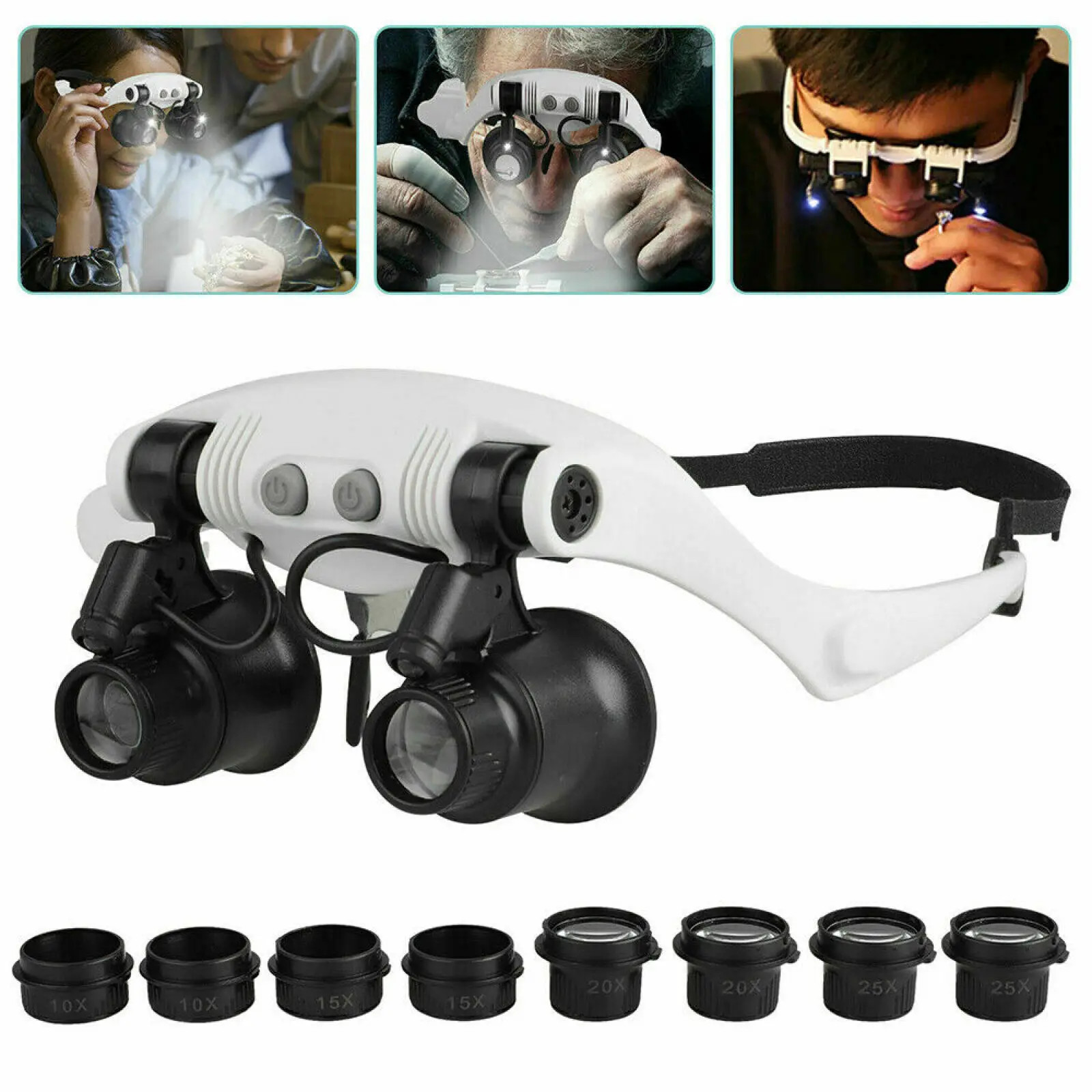 LED Magnifier 10X 15X 20X 25X Double Eye Jewelery Watch Repair Tools LED Lanp Lo