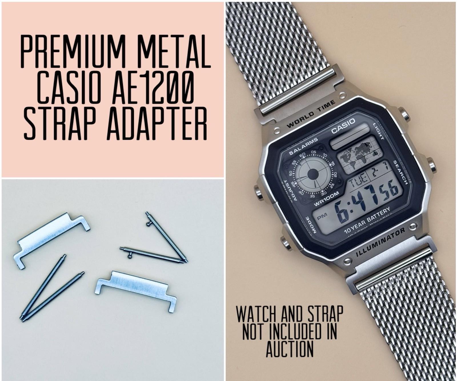 22mm Watch Strap adapter For CASIO Royale AE1200 Mod Stainless Steel