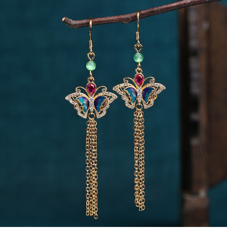 Jade Crystal Drop Dangle Earrings Butterfly Flower Bohemian 18K Gold Plated