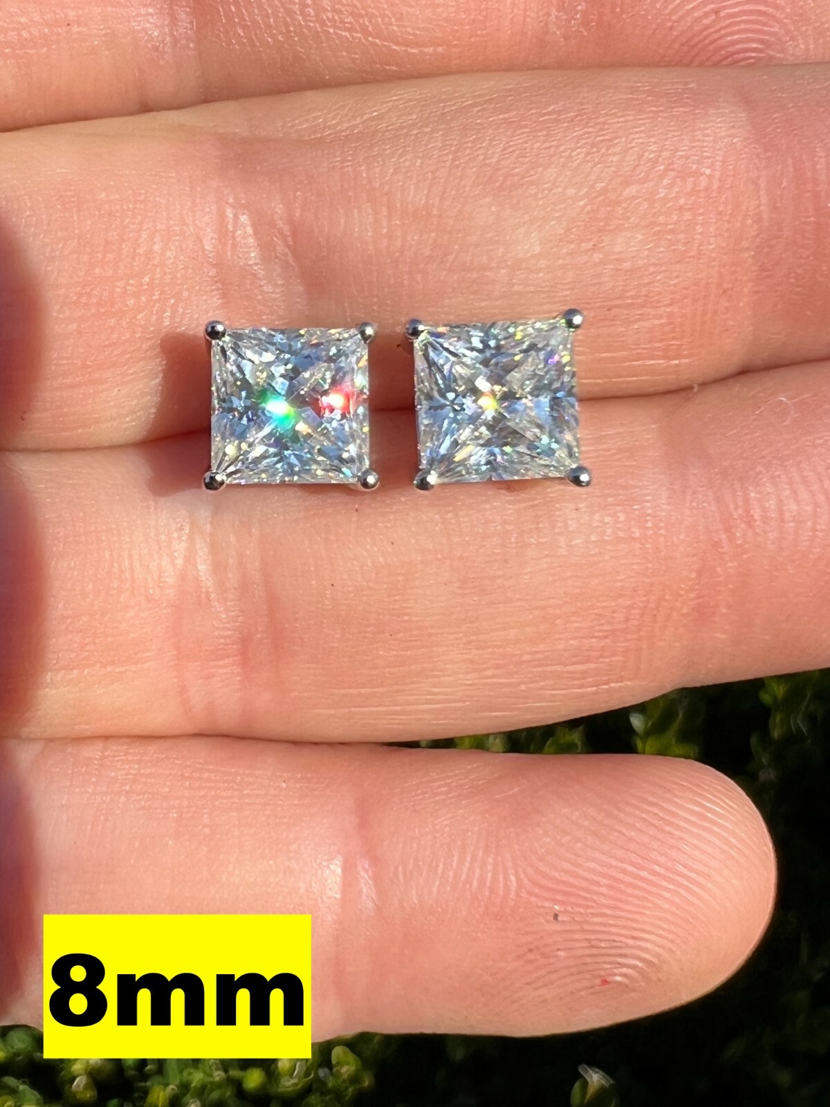Real MOISSANITE Square Princess Stud Earrings Unisex 925 Silver Passes Tester