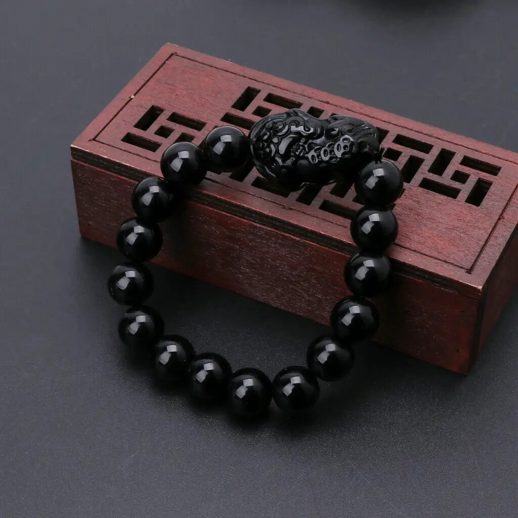 Pixiu Black Obsidian Stone Beads Bracelet Chinese Fengshui Good Luck Wealth For