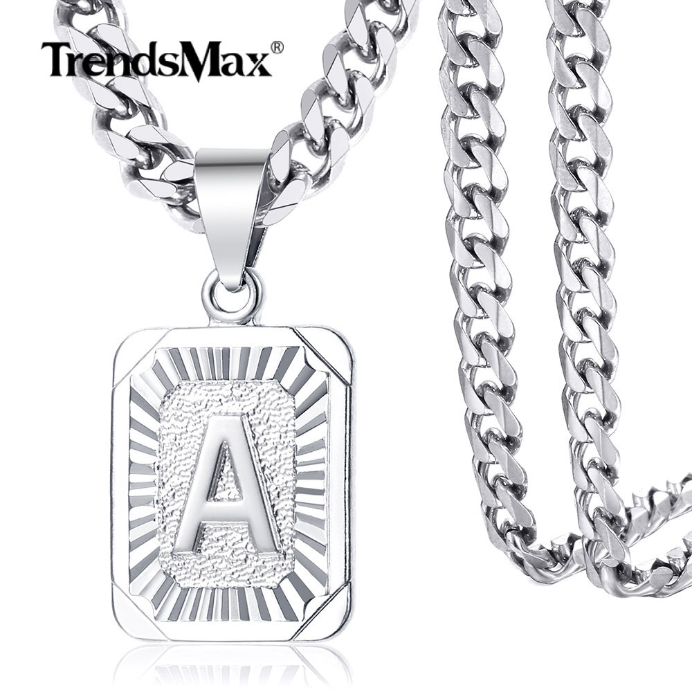 Silver Stainless Steel Initial Letter A-Z Pendant Necklace 5MM 18-26″ Curb Chain