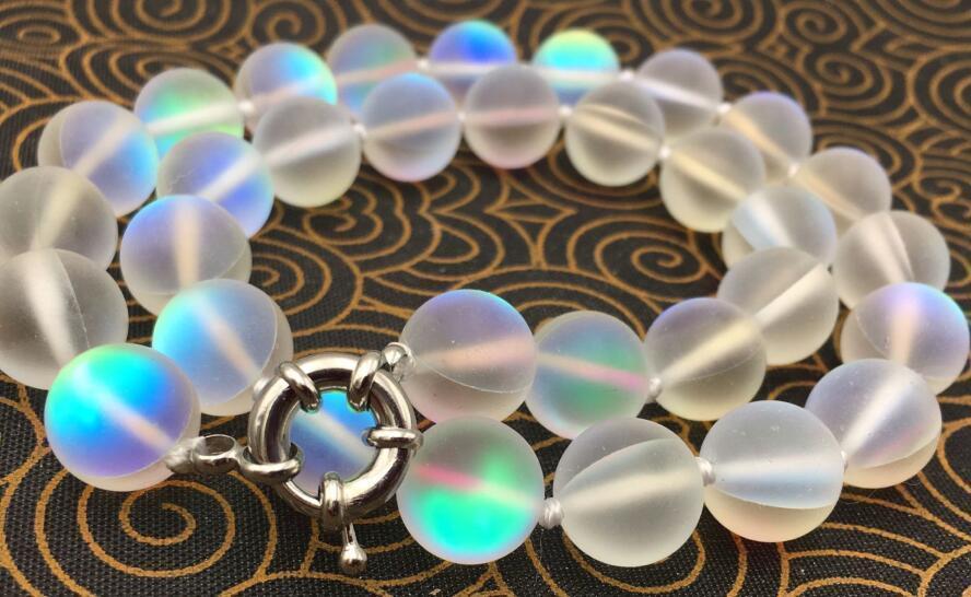 Long 16″- 36″ Natural 6-12mm White Gleamy Rainbow Moonstone Round Beads Necklace