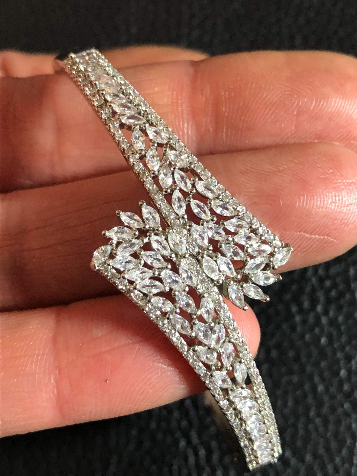 Silver CZ Simulated Diamond Bangle Bracelet Bypass Statement Rhodium Plated 3415