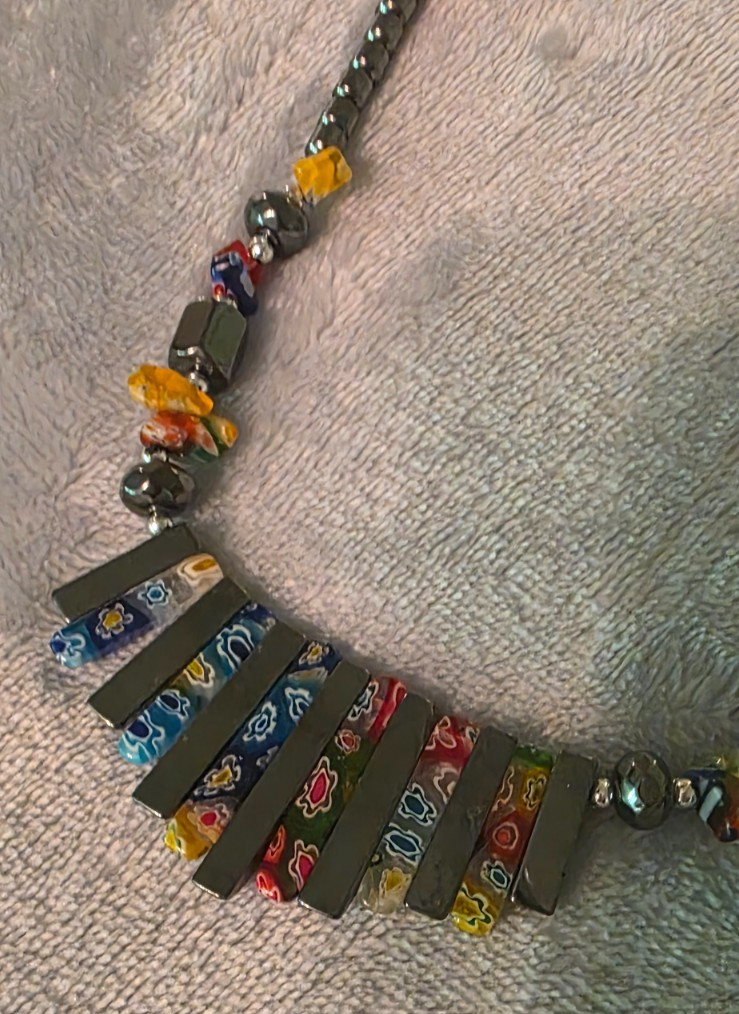 18 inch Bib Style Statement Necklace, Gunmetal stones and colorful Italian Glass