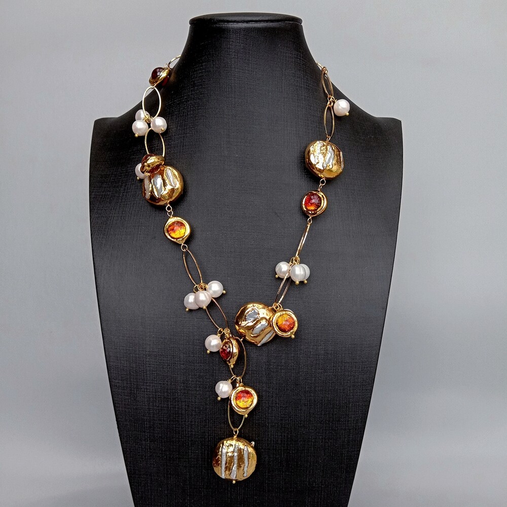 Cultured White Biwa Pearl Brown Murano Glass Chain Pearl Y-Drop Necklace 21″